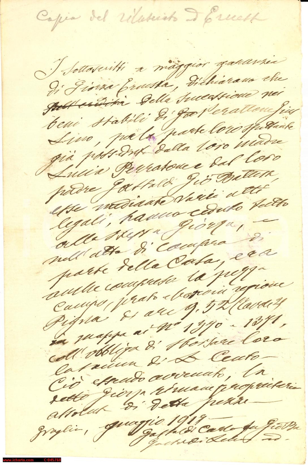 Documento originale, autentico 1917 GRAGLIA (BI) F.lli GASTALDI vendono campo PIGNA 1