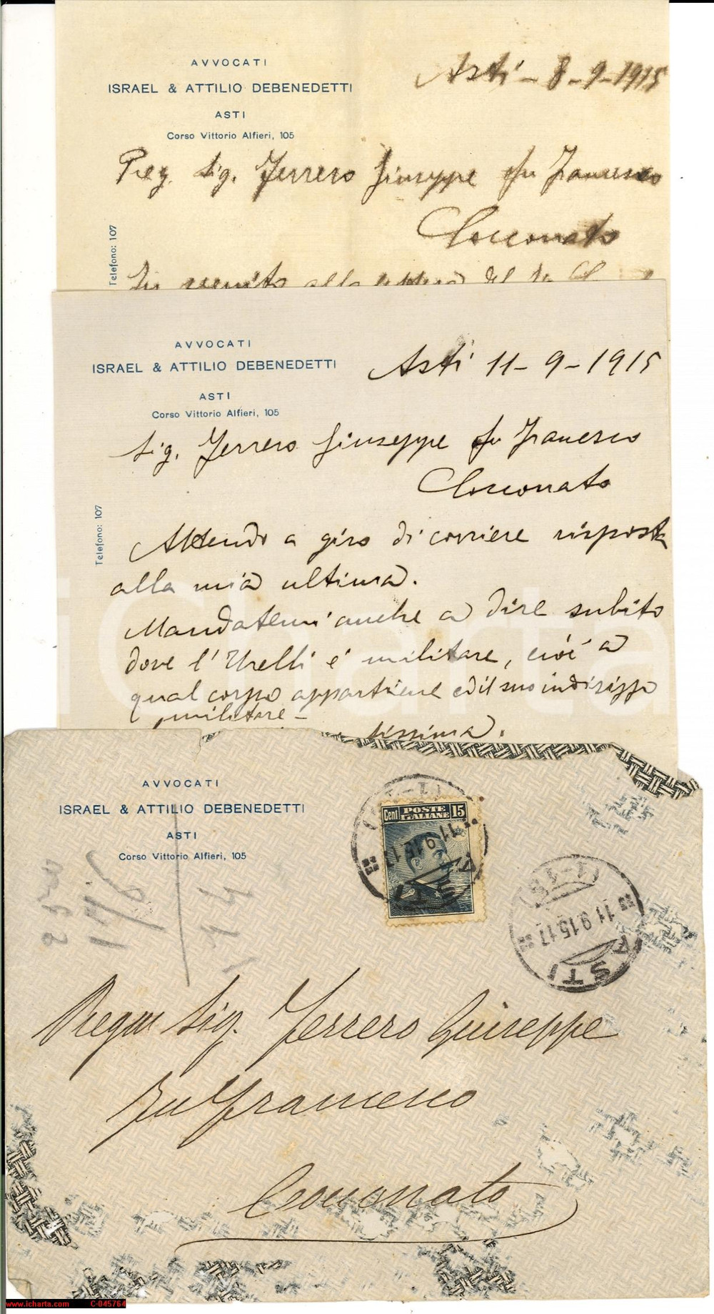 Manoscritto, lettera originale 1915 ASTI Avv. Israel DEBENEDETTI cliente al fronte 1