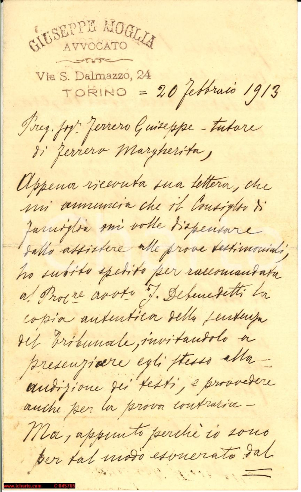 Manoscritto, lettera originale 1913 TORINO Avv. MOGLIA esonerato chiede la parcella 1