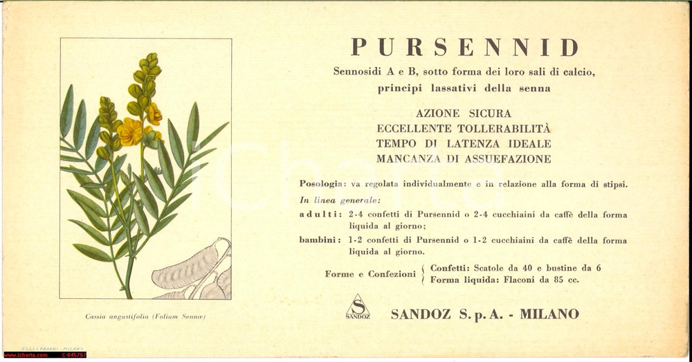 Materiale pubblicitario d’epoca 1940 ca MILANO Lassativo PURSENNID PubblicitÃ  1