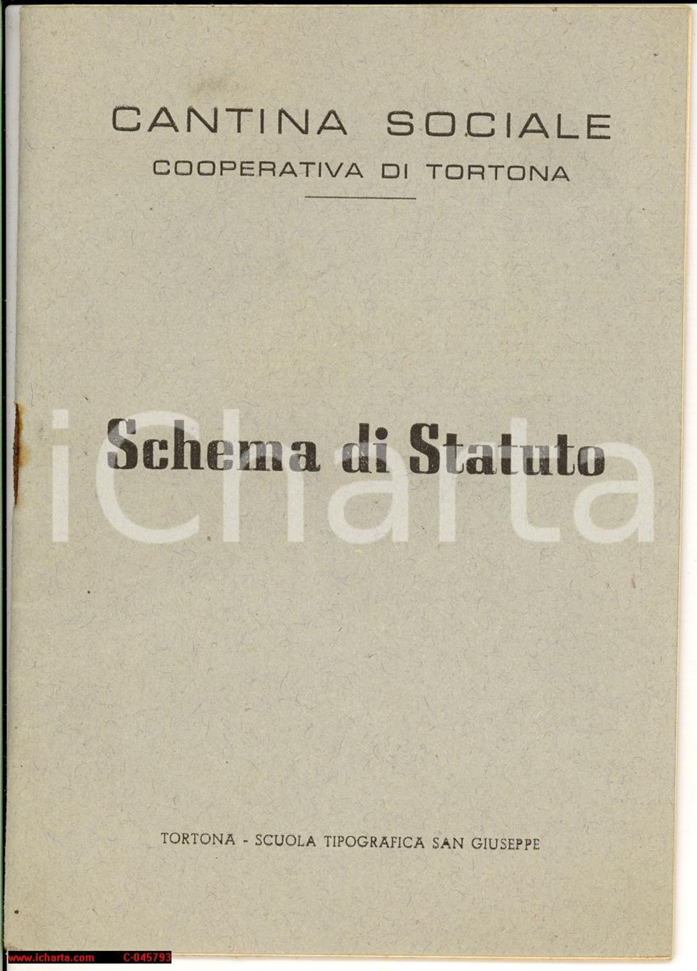 Oggetto da collezione cartaceo 1931 TORTONA (AL) Statuto CANTINA SOCIALE Cooperativa 1