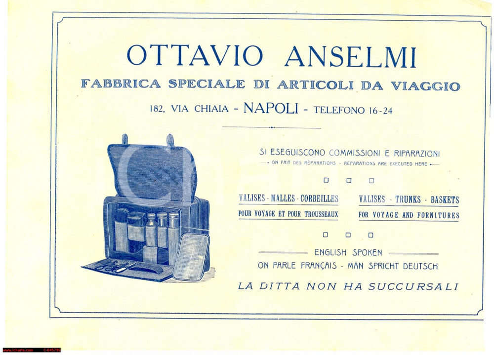 Materiale pubblicitario d’epoca 1920 ca NAPOLI Ottavio ANSELMI Articoli da viaggio 1