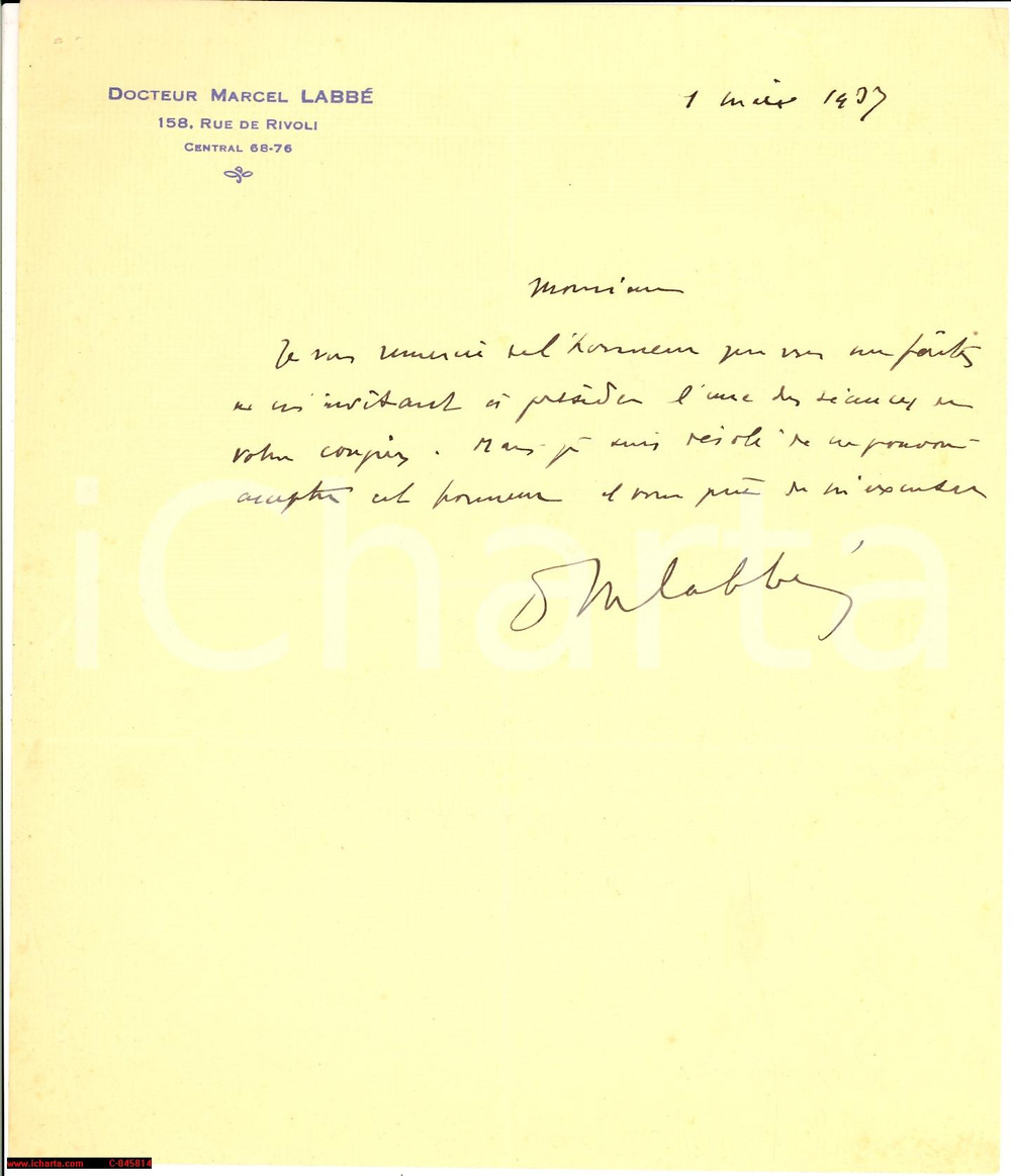 Autografo originale 1937 PARIS Marcel LABBE' non accetta invito AUTOGRAPH 1