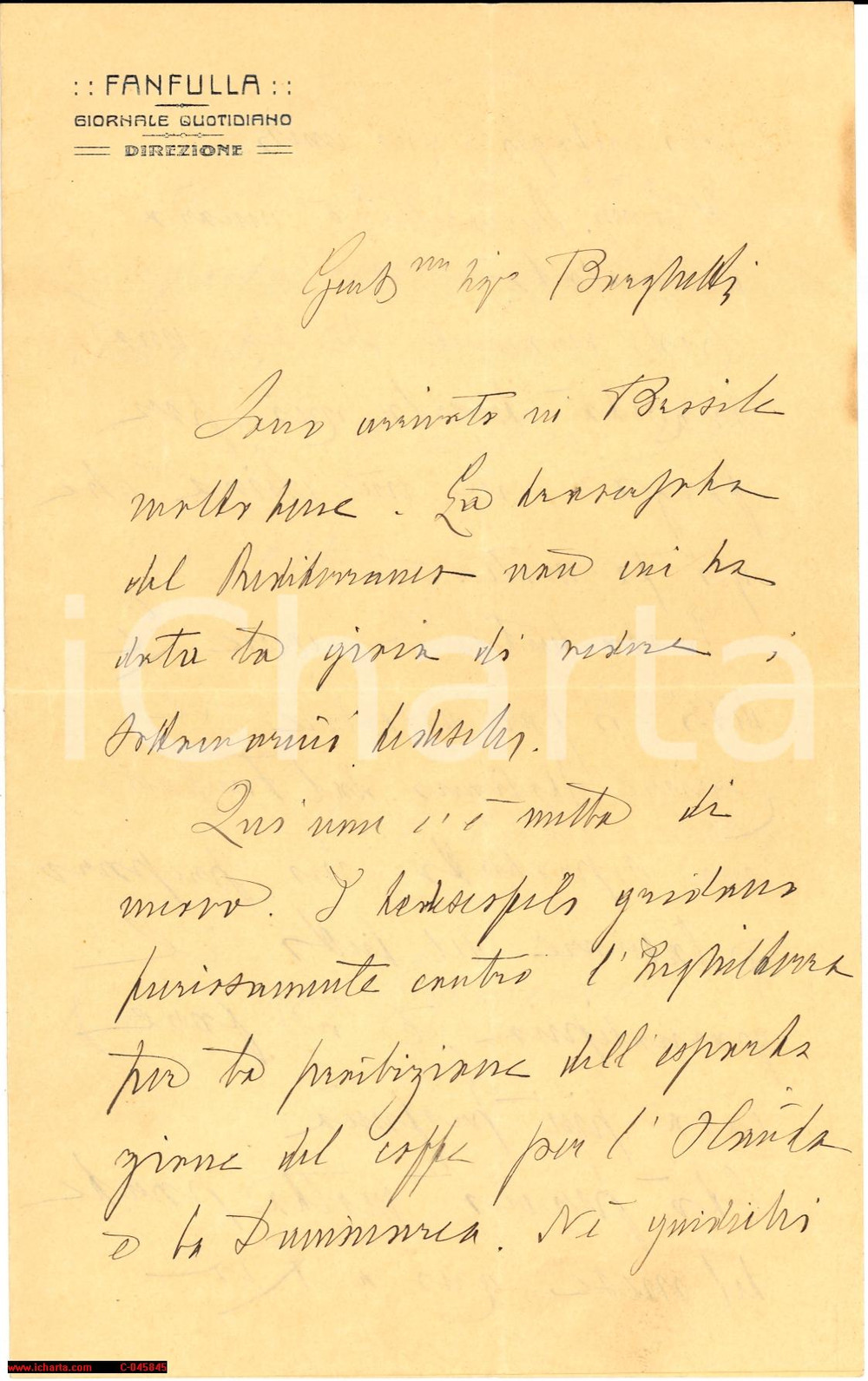 Autografo originale 1910 ca RIO DE JANEIRO Luigi Vincenzo GIOVANNETTI direttore FANFULLA autografo 1