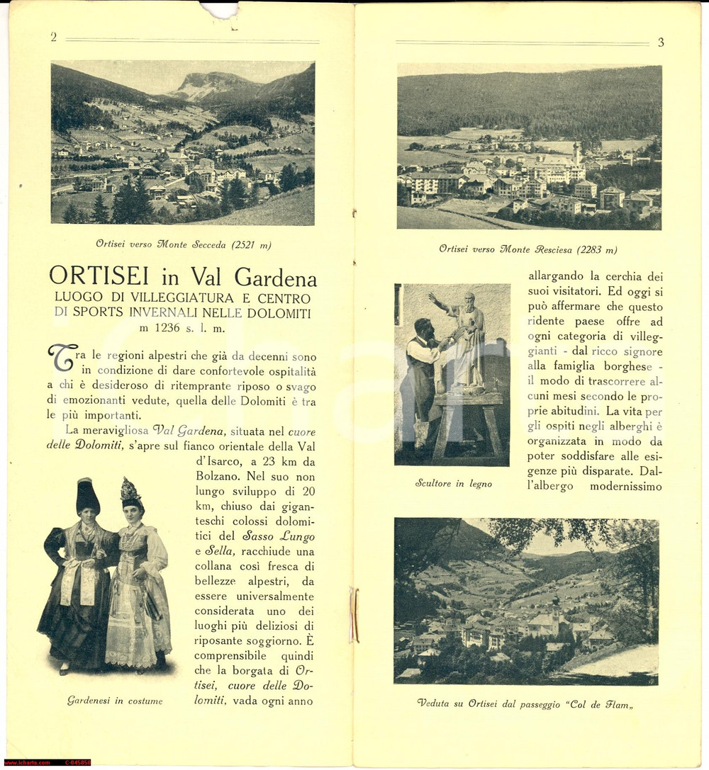Materiale pubblicitario d’epoca 1930 ca ORTISEI (BZ) Villeggiatura VAL GARDENA opuscolo 1