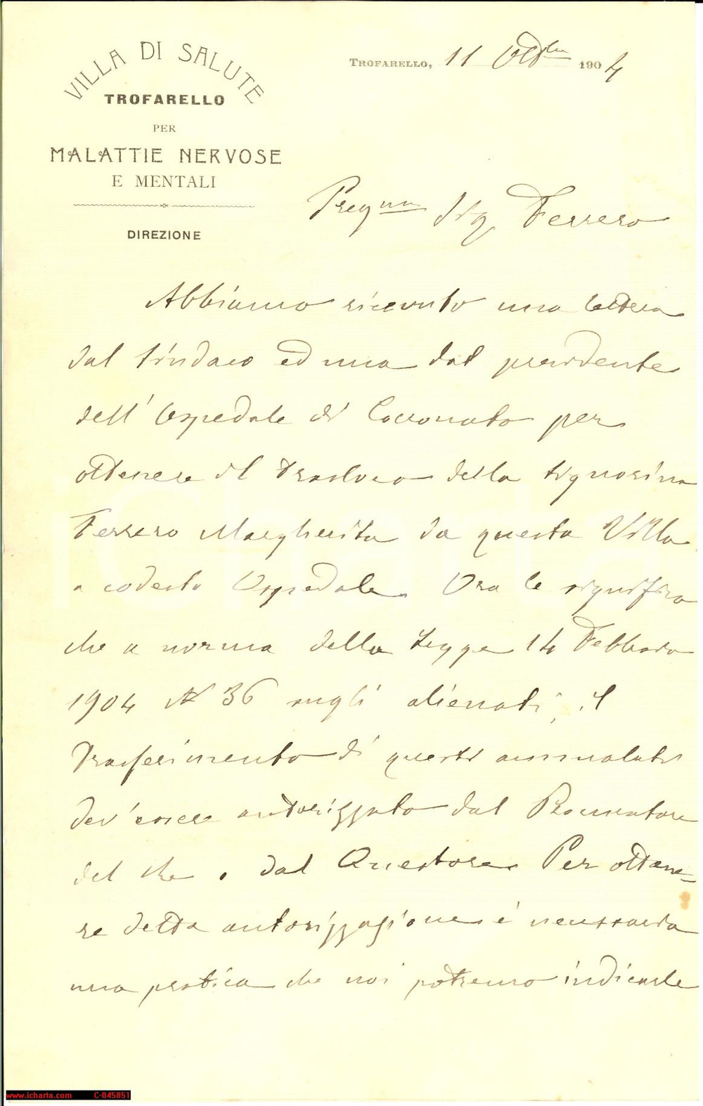 Manoscritto, lettera originale 1904 TROFARELLO (TO) Villa di Salute Malattie mentali 1