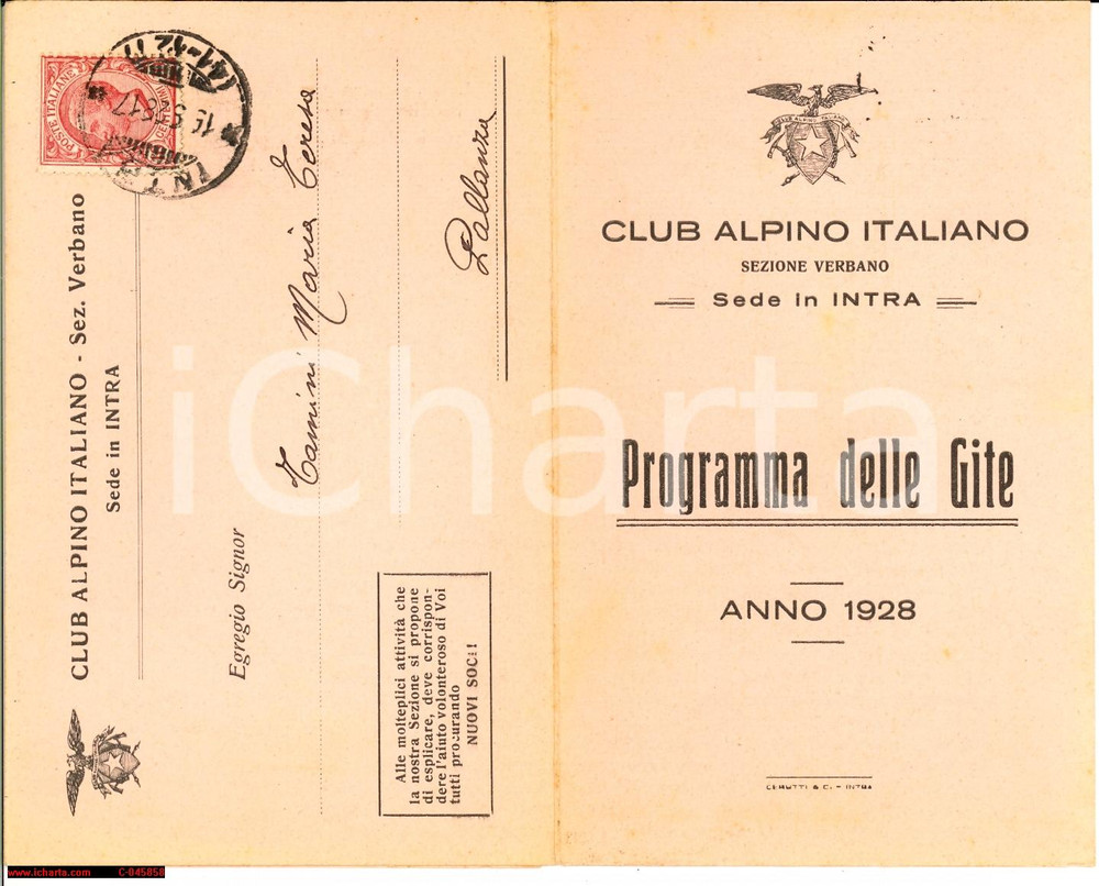 Oggetto da collezione cartaceo 1928 CAI INTRA (VB) Programma gite Maria Teresa TAMINI 1
