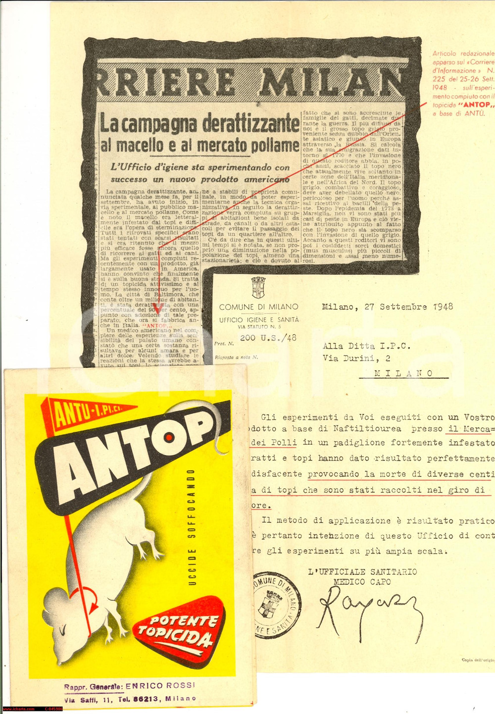 Materiale pubblicitario d’epoca 1948 MILANO Topicida ANTOP disinfesta Mercato dei Polli 1
