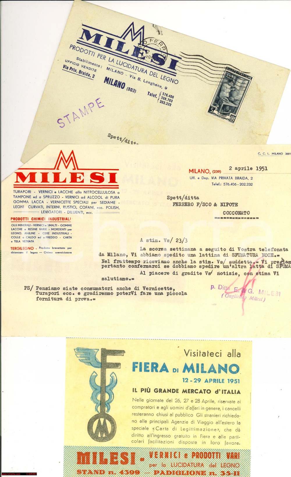Materiale pubblicitario d’epoca 1951 MILANO XXIX Fiera MILESI lucidatura legno Invito 1
