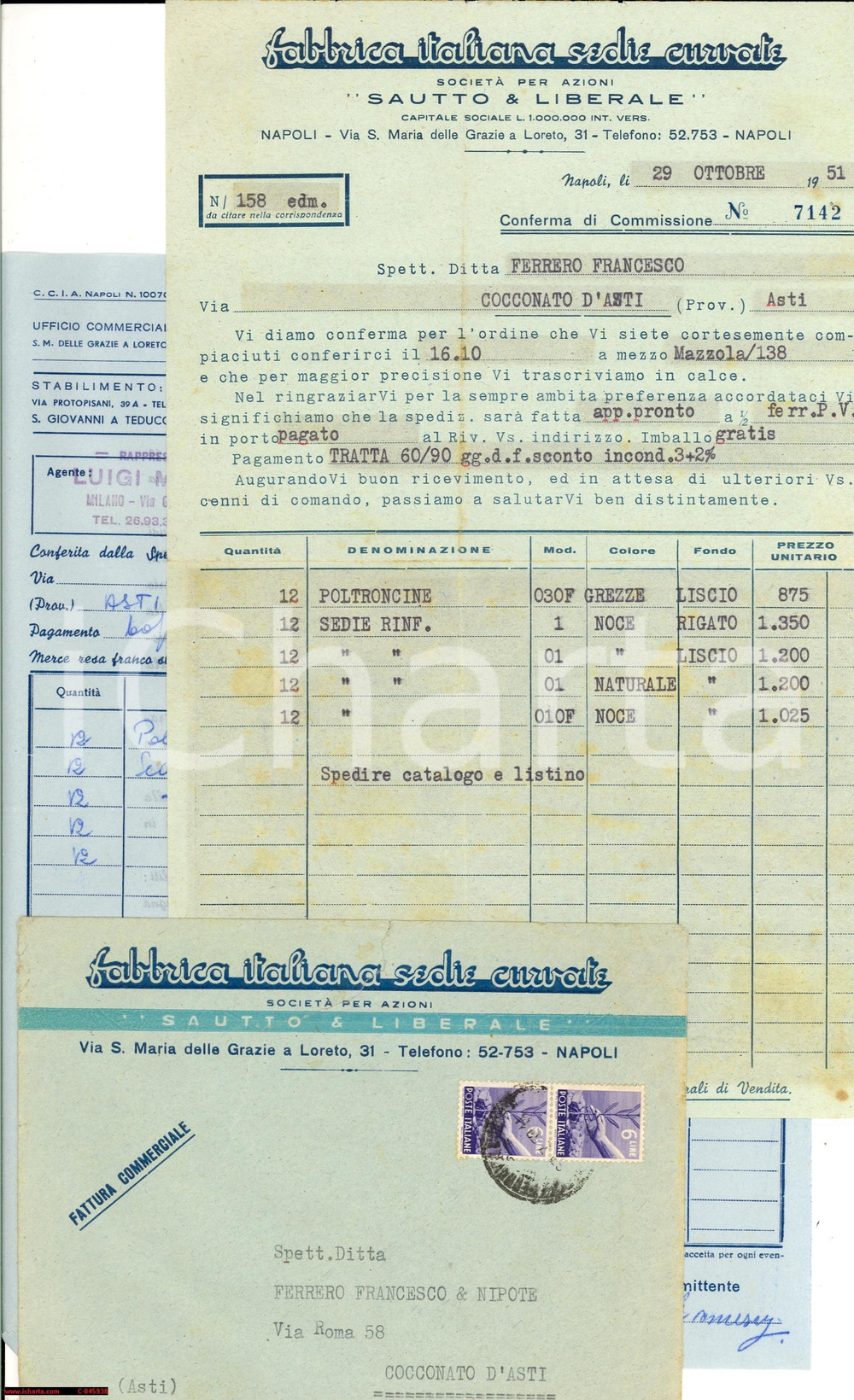 Documento originale, autentico 1951 NAPOLI Poltroncine Fabbrica Italiana SEDIE CURVATE 1