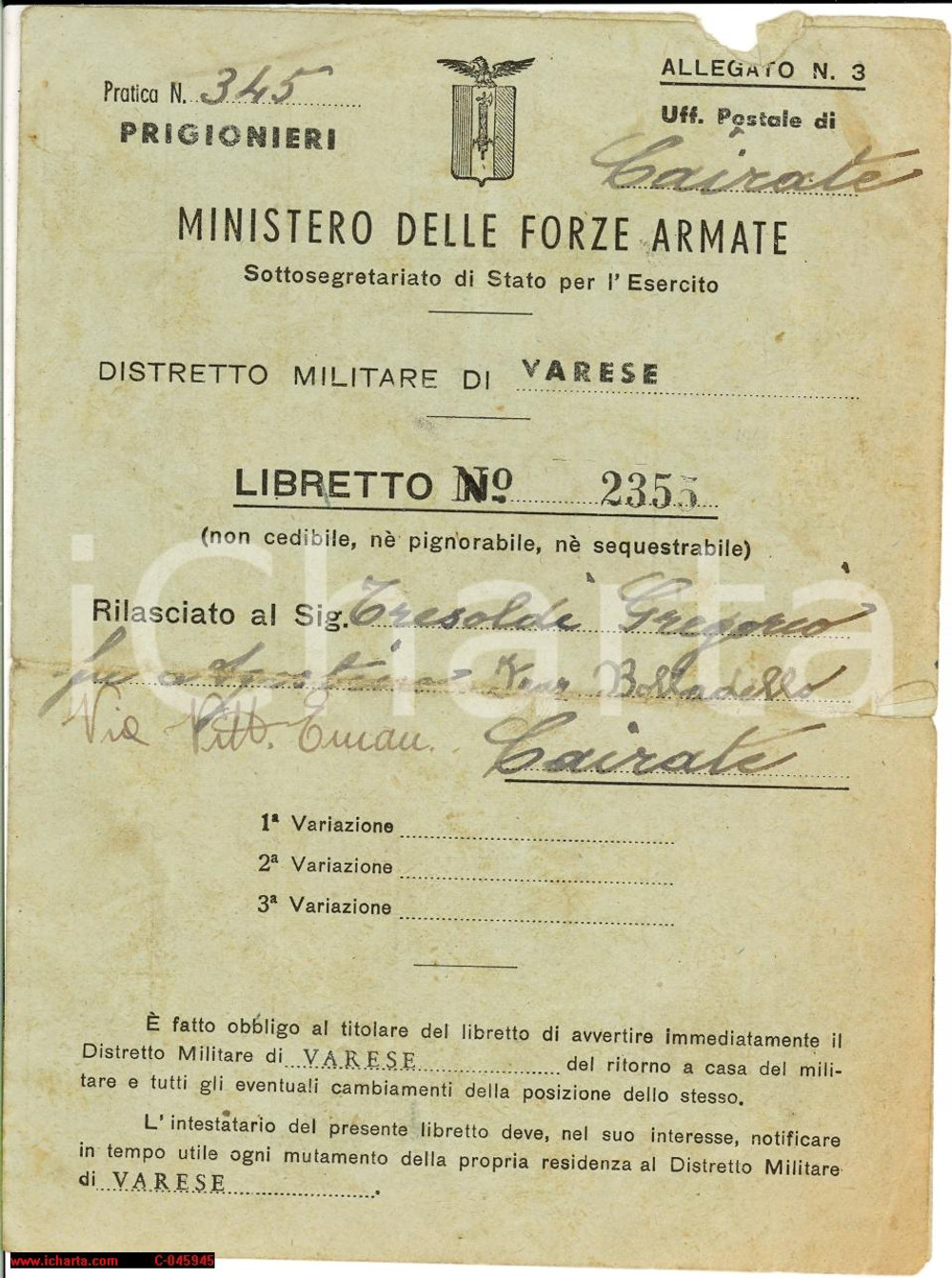 Documento originale, autentico 1944 CAIRATE RSI Libretto prigioniero Gregorio TRESOLDI 1
