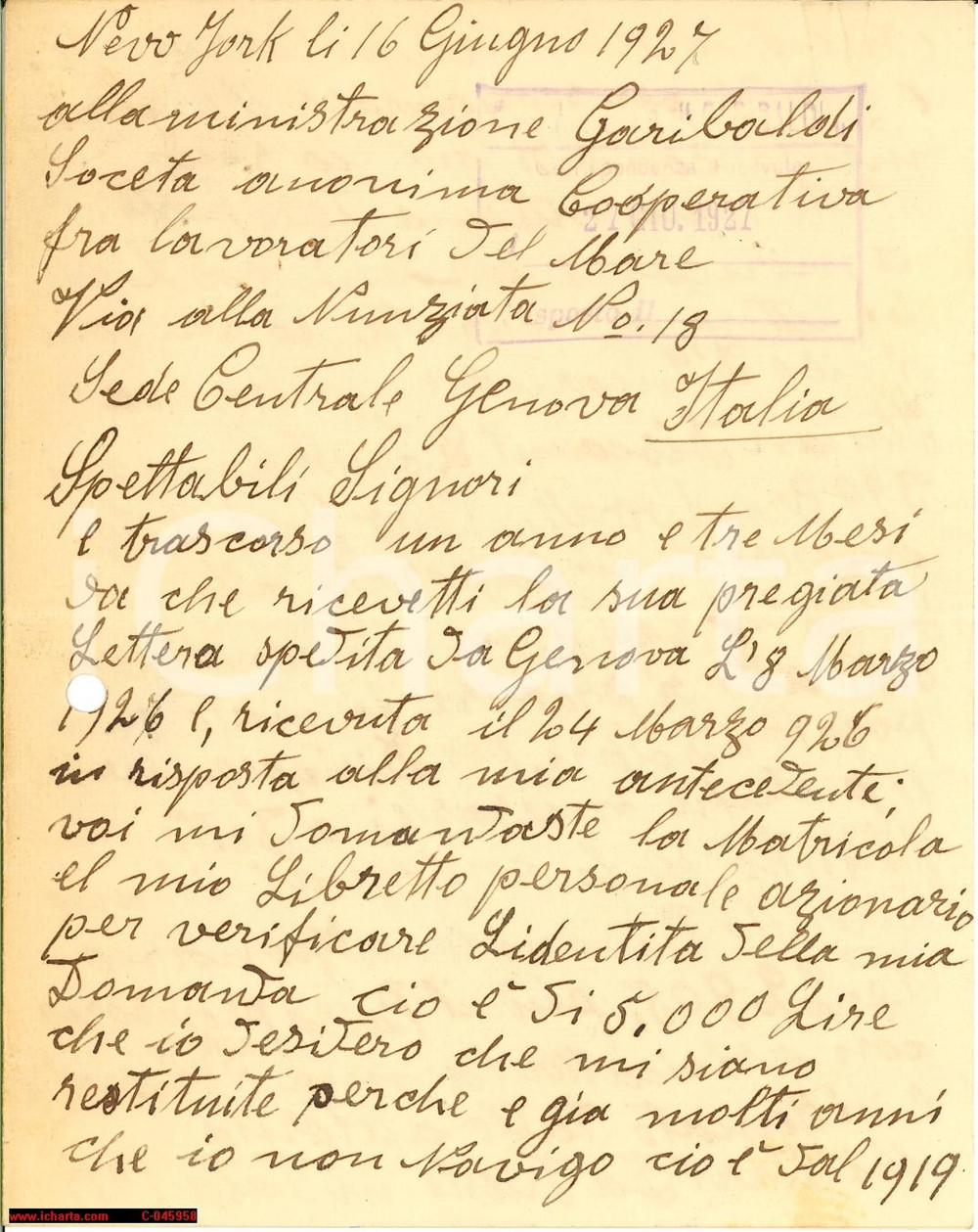 Manoscritto, lettera originale 1927 NY GIURGOVICH Testa di Mussolini per ogni italiano 1