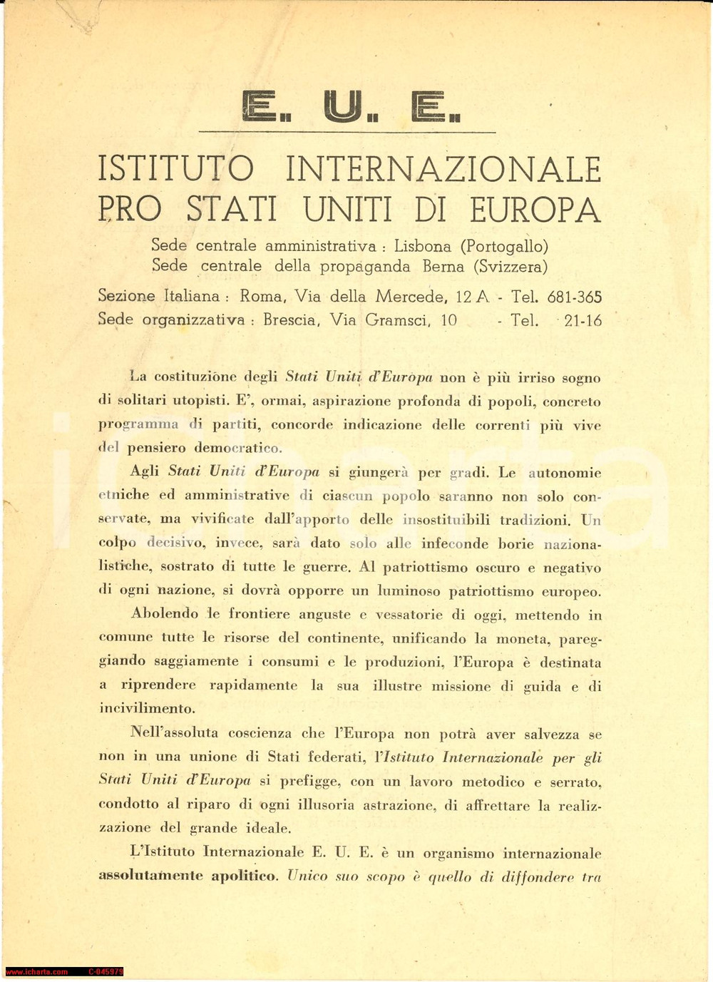 Documento originale, autentico 1960 BRESCIA Ist. Internazionale STATI UNITI D'EUROPA 1