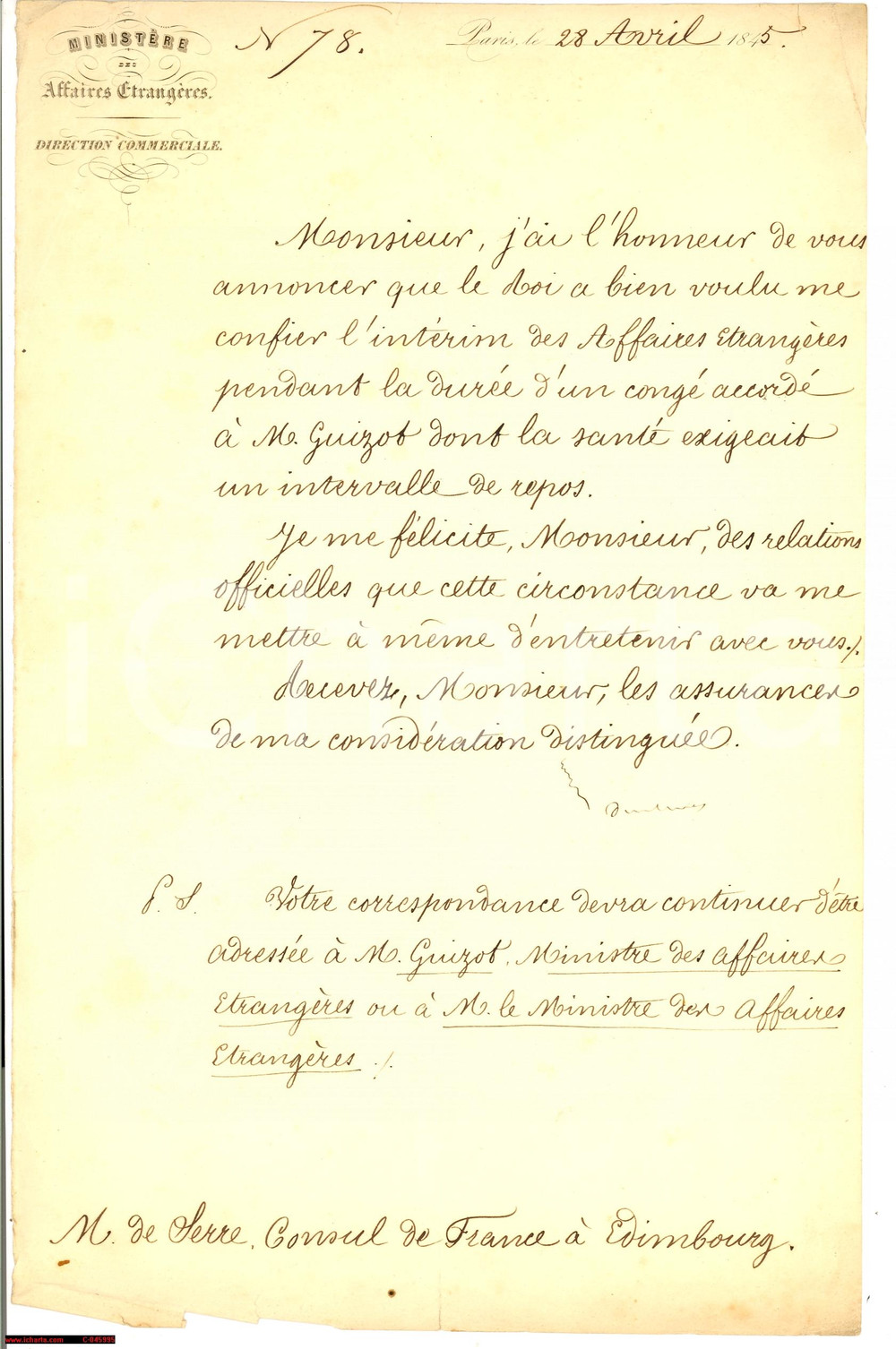 Autografo originale 1845 PARIS Tanneguy DUCHATEL interim EtrangÃ¨res Autogr. 1