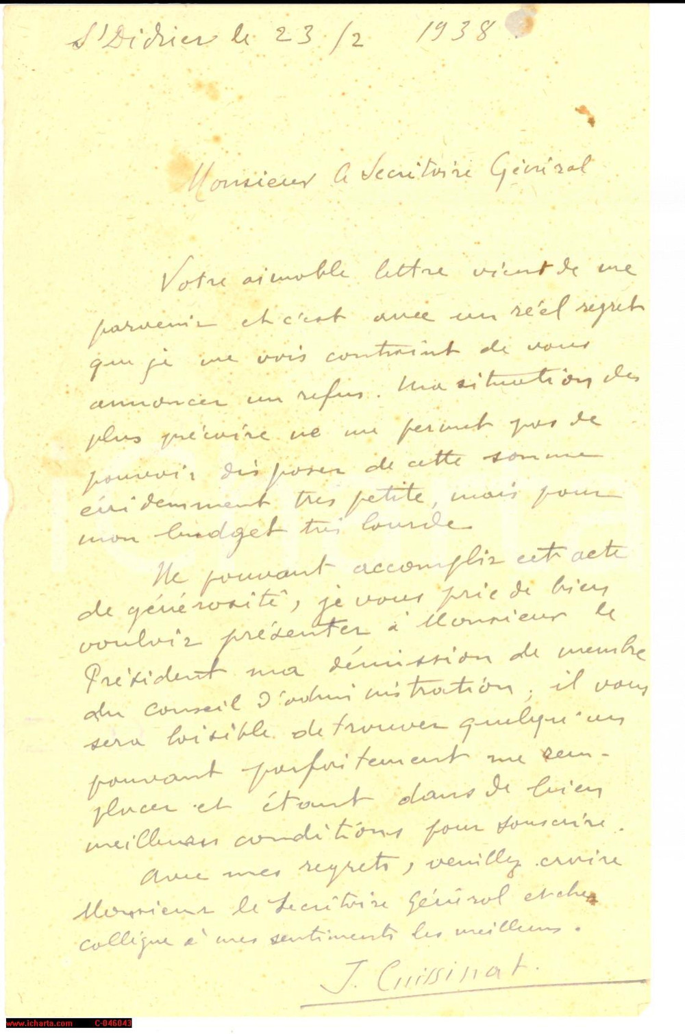 Autografo originale 1938 ST DIDIER (FR) DÃ©mission Jean CUISSINAT Autographe 1