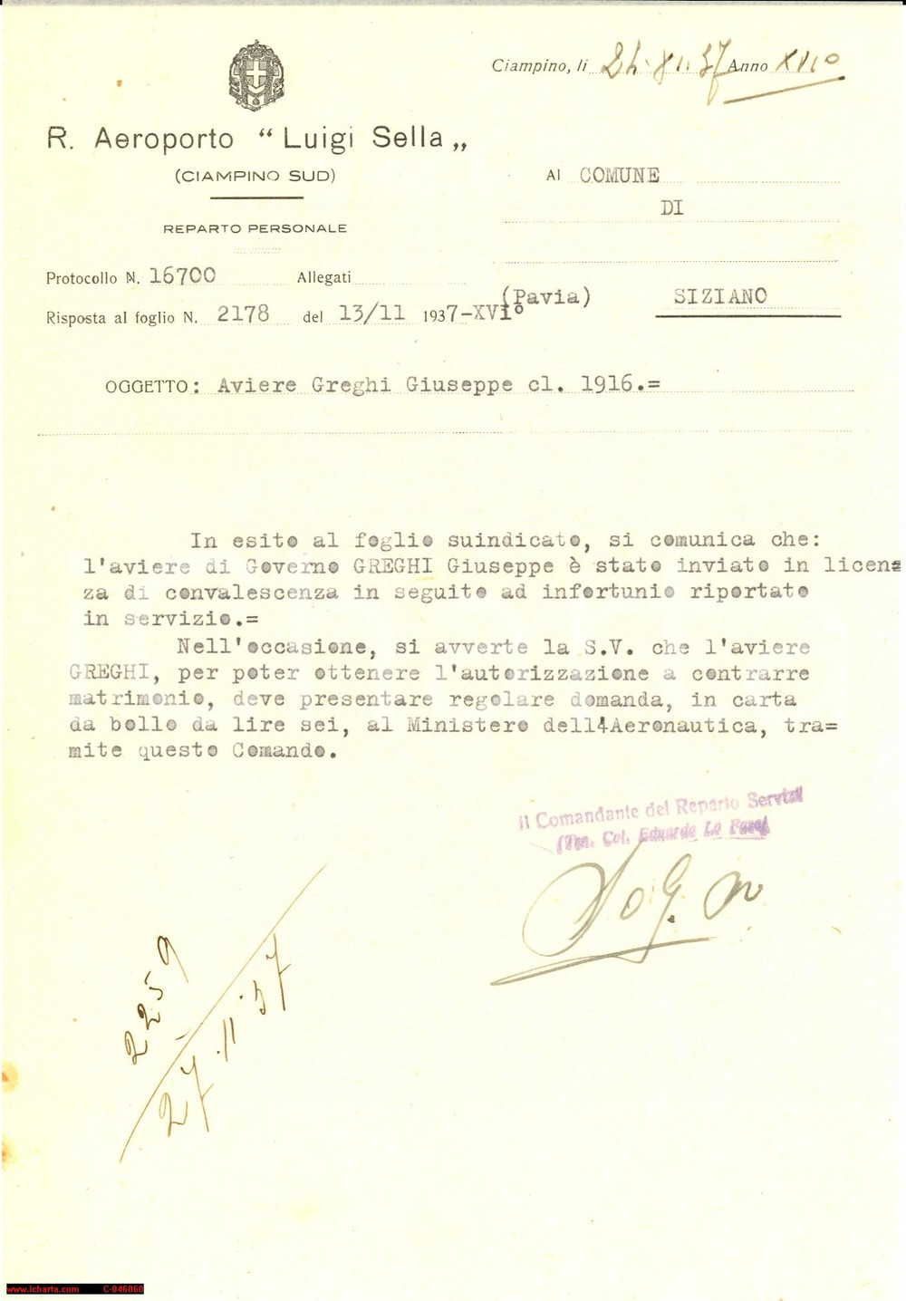 Documento originale, autentico 1937 ROMA CIAMPINO Infortunio aviere Giuseppe GREGHI 1