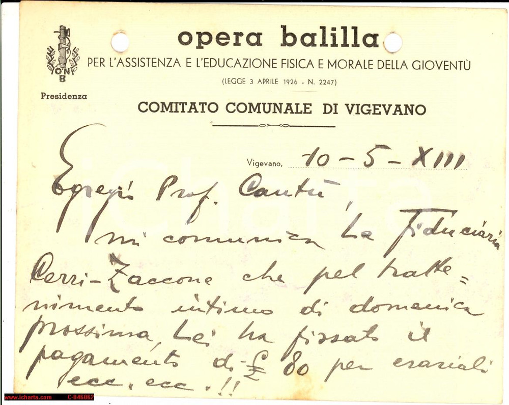 Documento originale, autentico 1935 ONB VIGEVANO PV Niente bollo per qualche canto 1