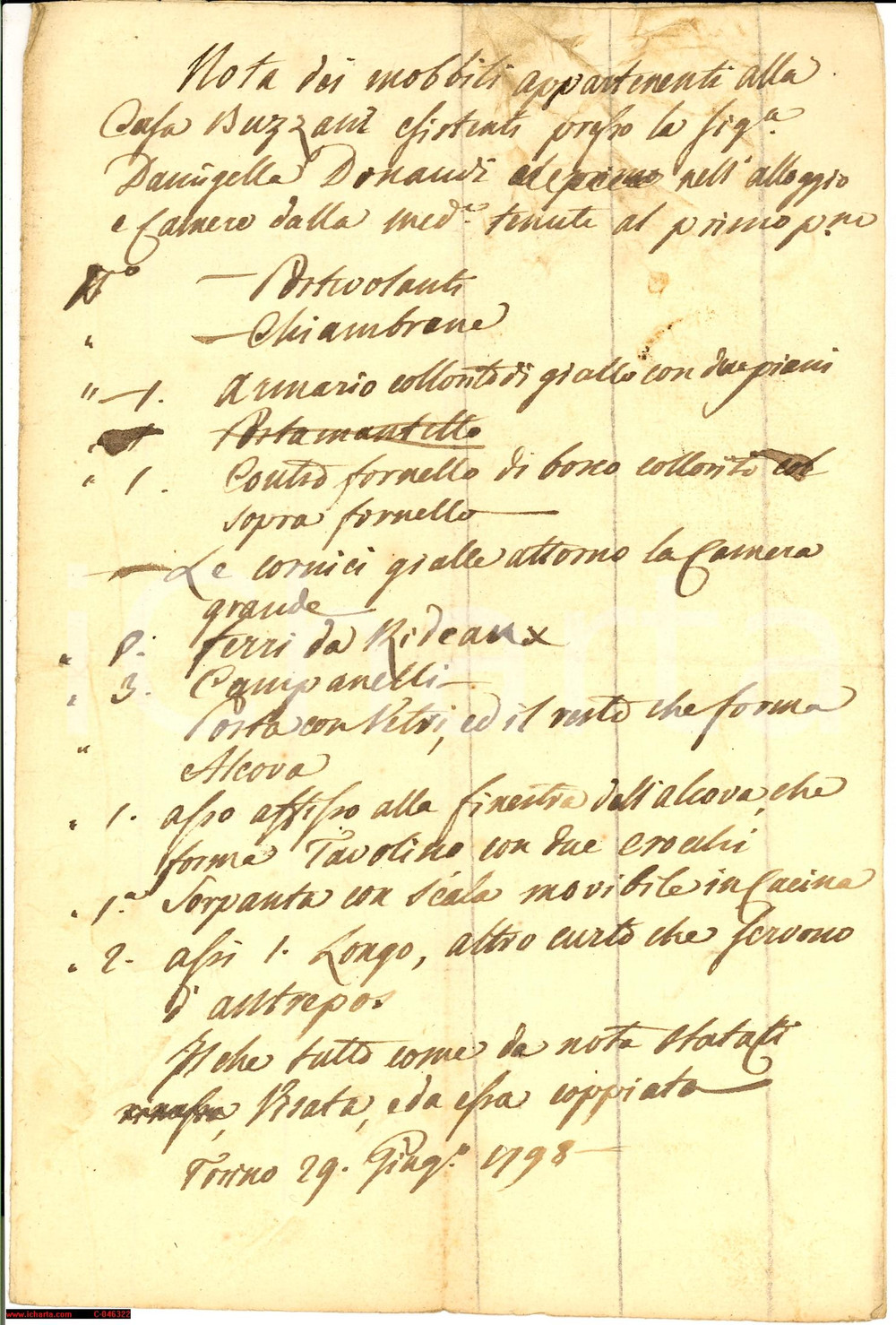 Documento originale, autentico 1790 FOSSANO CN Mobili nel palazzo dei nobili BUZZANI 1