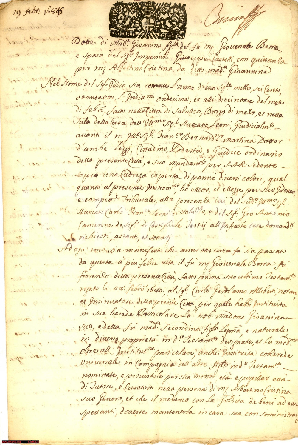 Manoscritto, lettera originale 1688 SALUZZO CN Contratto dote orfana Gioanina BERRA 1