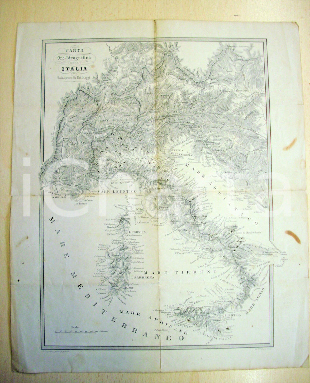 Mappa, planimetria storica 1800 TORINO Carta OroIdrografica ITALIA Tip. MAGGI 1