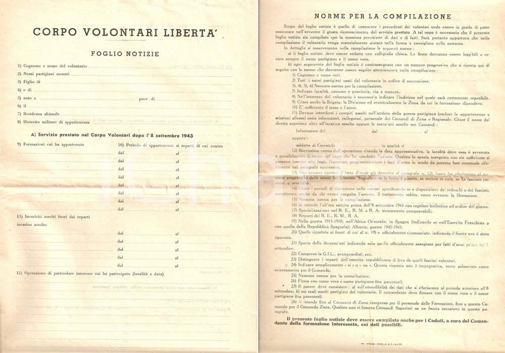 Documento originale, autentico 1944 CORPO VOLONTARI LIBERTA' Notizie sui PARTIGIANI 1