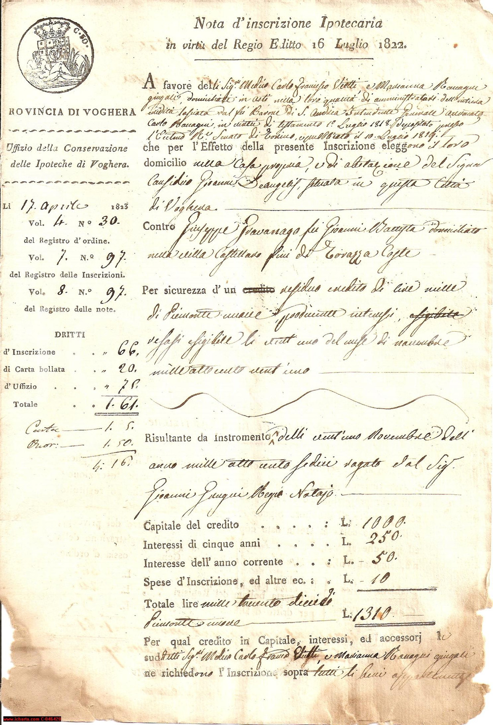 Documento originale, autentico 1823 VOGHERA PV Cambio residenza sposi VIETTI e RAVAGNI 1