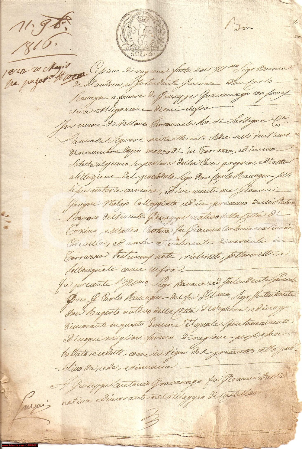 Documento originale, autentico 1816 TORRAZZA COSTE PV Livelli a Giuseppe GRAVANAGO 1