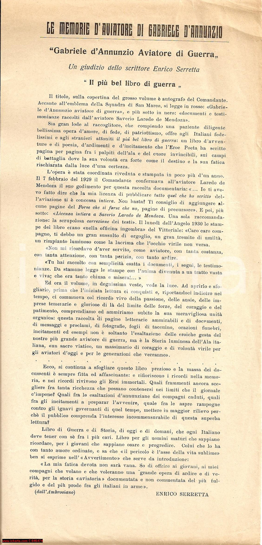 Oggetto da collezione cartaceo 1930 ca Enrico SERRETTA su Gabriele D'ANNUNZIO aviatore 1