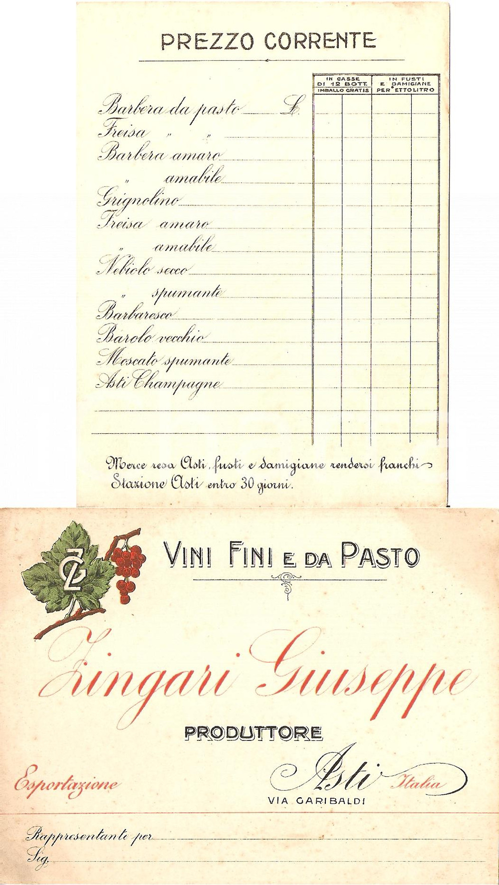Materiale pubblicitario d’epoca 1930 circa ASTI Vini fini e da pasto Giuseppe ZINGARI Biglietto pubblicitario 1