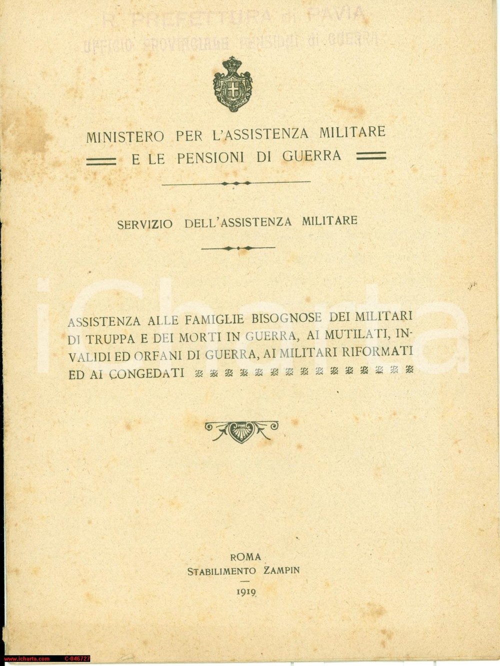 Documento originale, autentico 1919 ROMA Assistenza alle famiglie bisognose MUTILATI 1