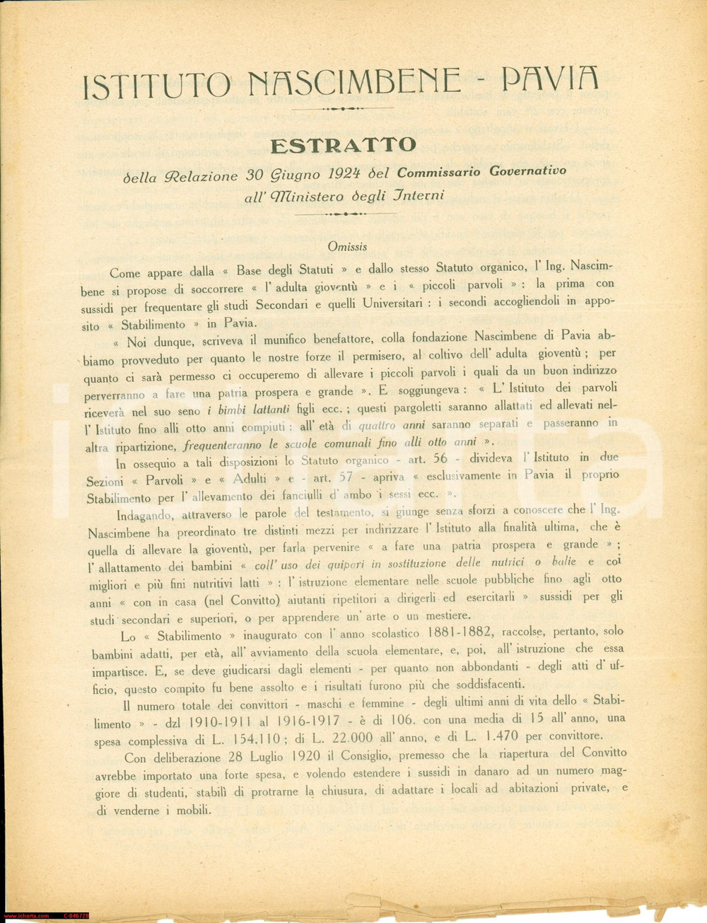 Documento originale, autentico 1925 PAVIA Organizzazione generale Istituto NASCIMBENE 1