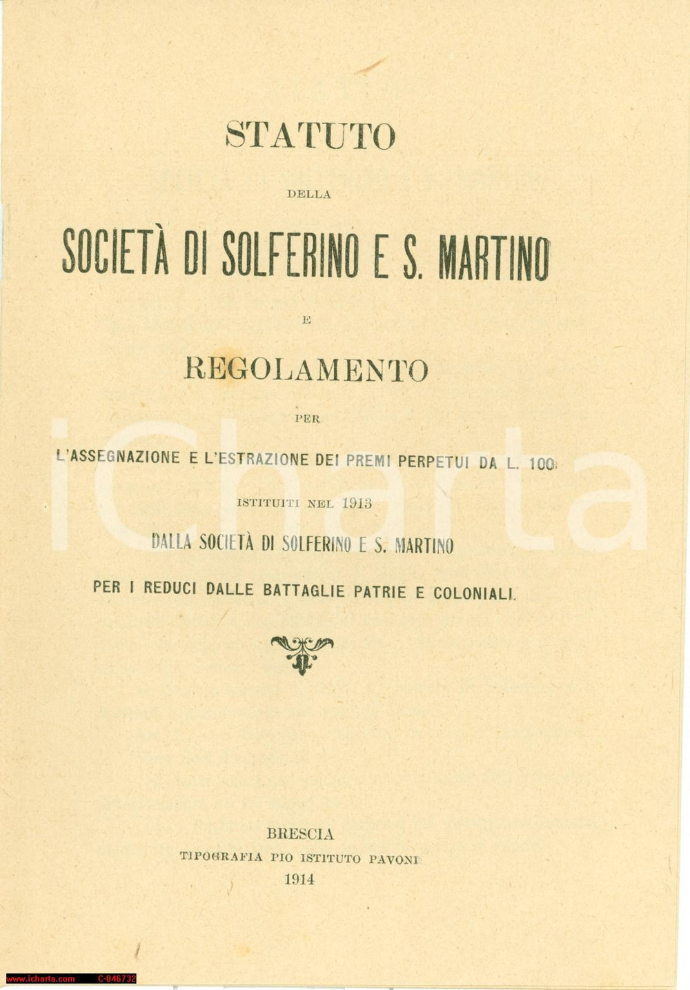 Documento originale, autentico 1914 SOCIETA' SOLFERINO S. MARTINO Statuto regolamento 1