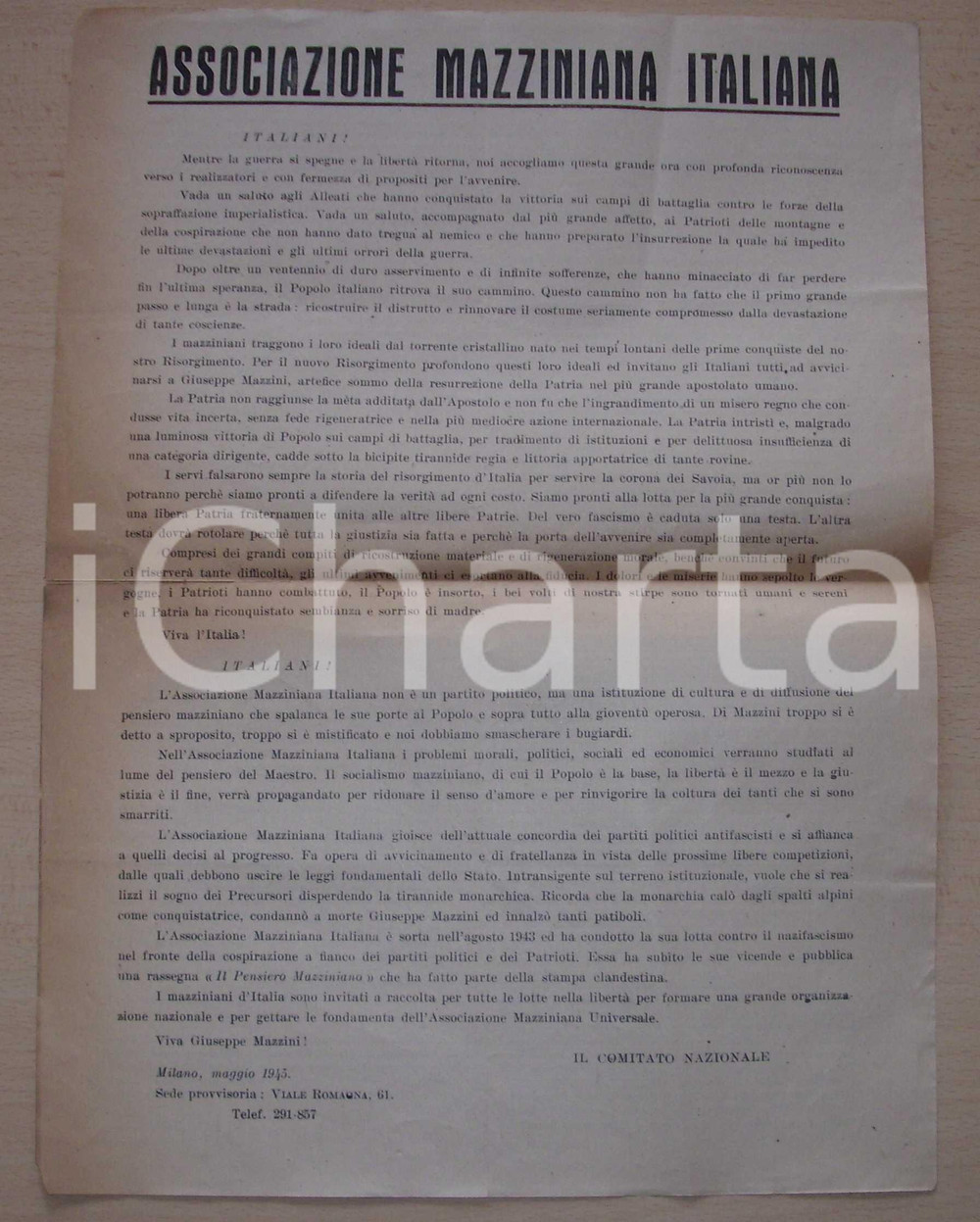 Documento originale, autentico 1945 MILANO Il ritorno alla libertà  A.M.I. manifesto 1