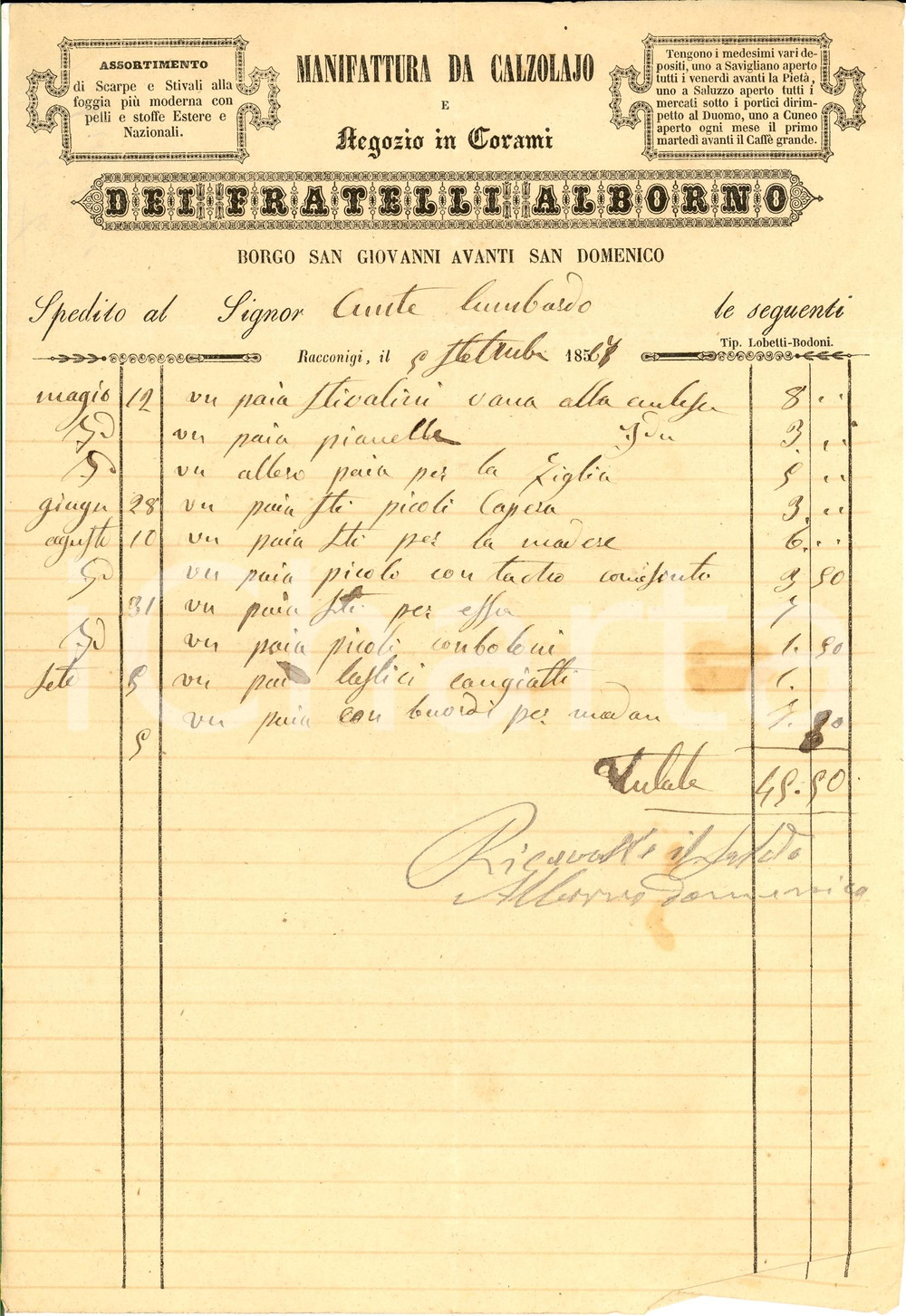 Documento originale, autentico 1867 RACCONIGI (CN) Fratelli ALBORNO Calzolaj e corami 1