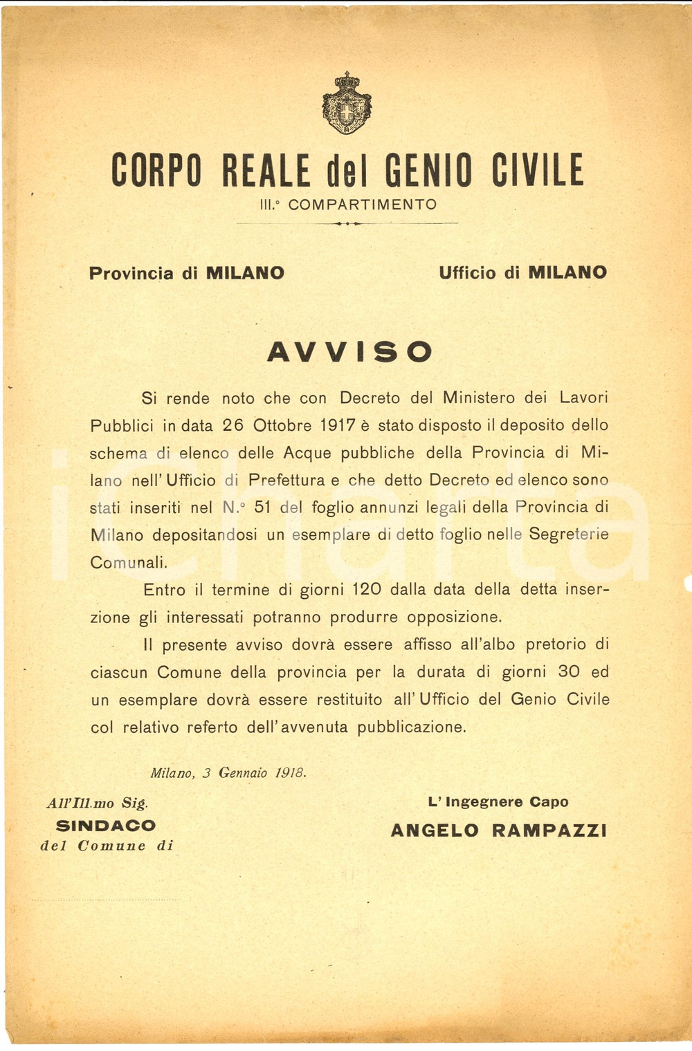 Documento originale, autentico 1918 MILANO Elenco delle acque pubbliche GENIO CIVILE 1