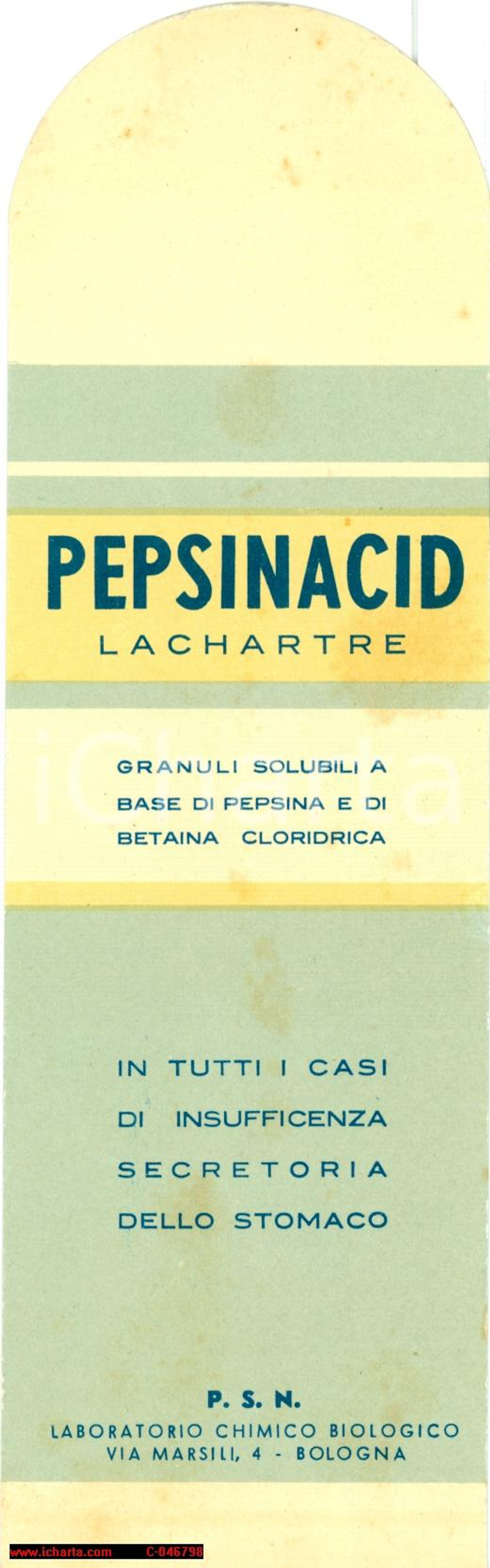Oggetto da collezione cartaceo 1940 circa BOLOGNA Segnalibro PEPSINACID LACHARTRE 1