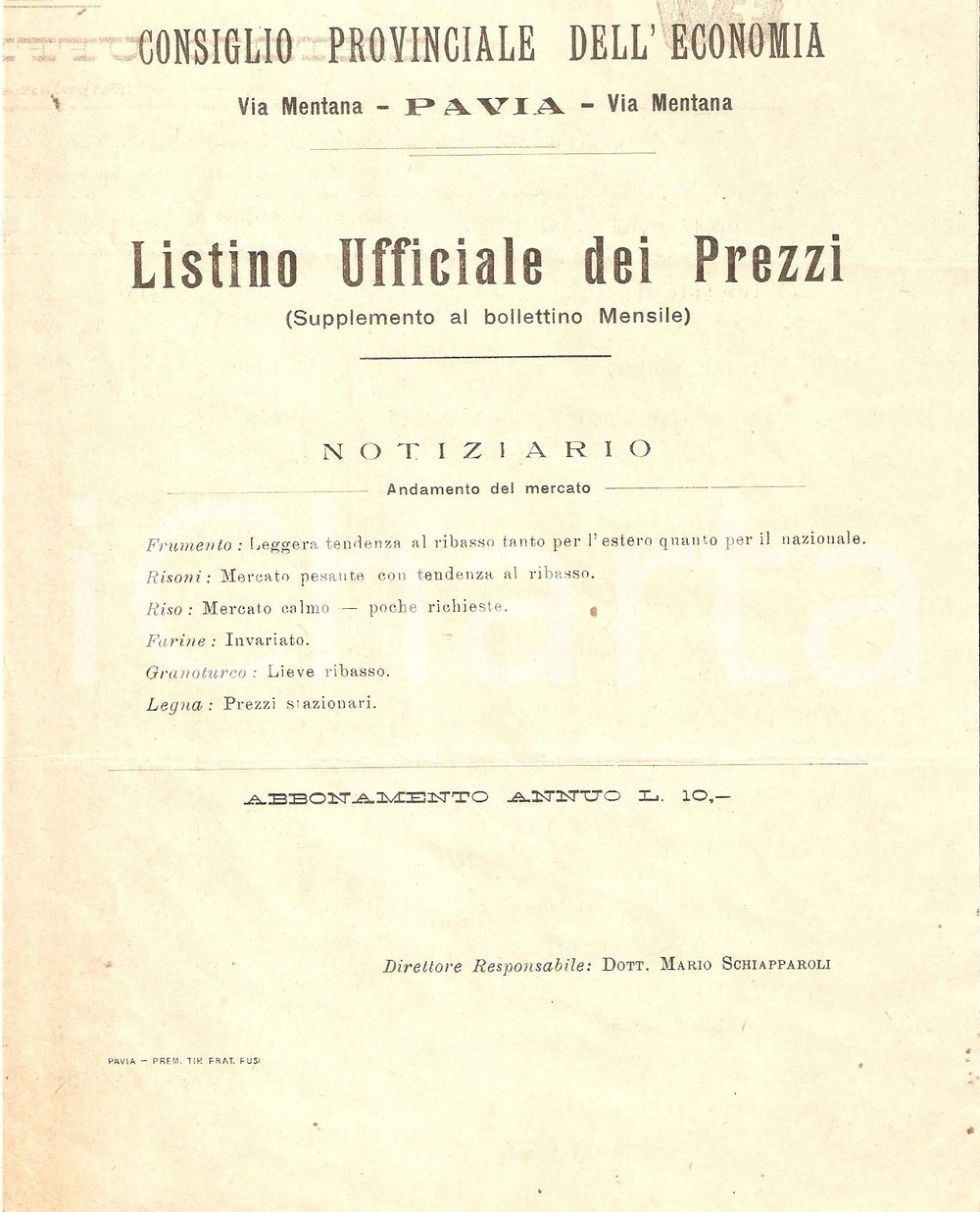 Documento originale, autentico 1928 PAVIA Listino ufficiale prezzi del mercato 1
