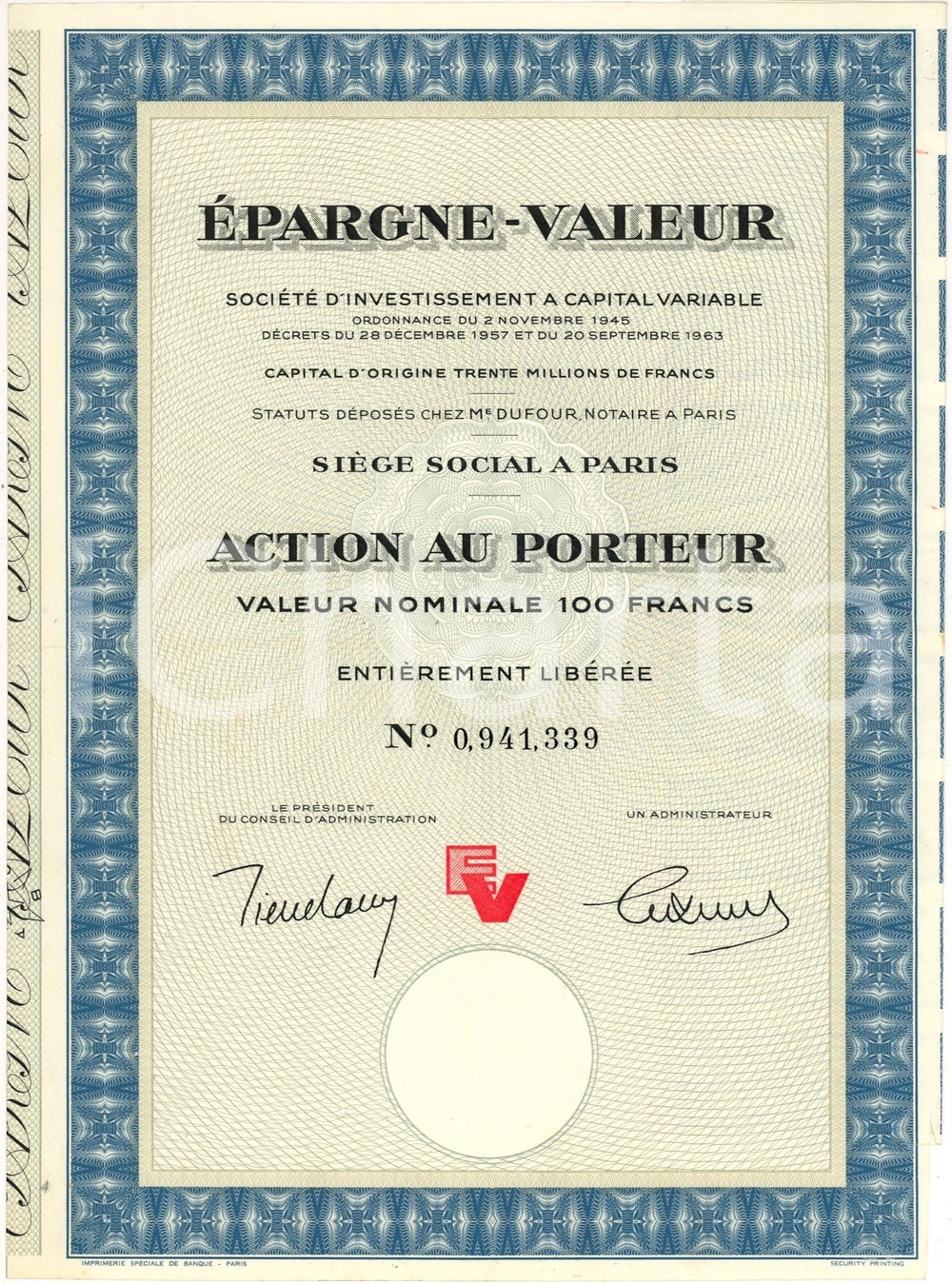 Oggetto da collezione cartaceo 1965 circa PARIS Action au porteur EPARGNEVALEUR 1