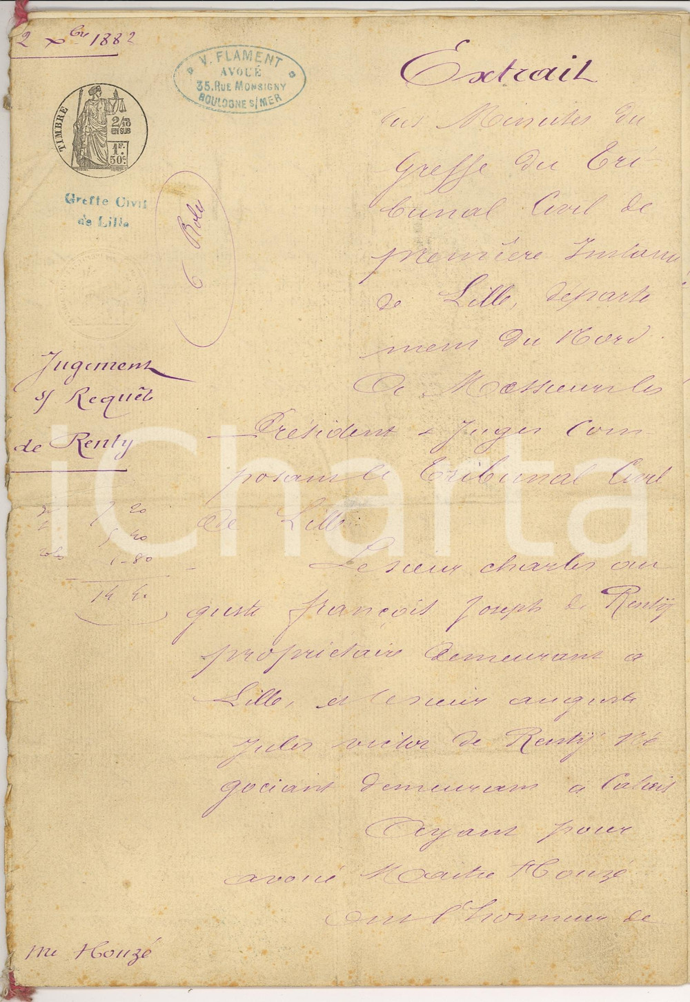 Documento originale, autentico 1842 LILLE F Charles DE RENTY chiede correzione nome 1