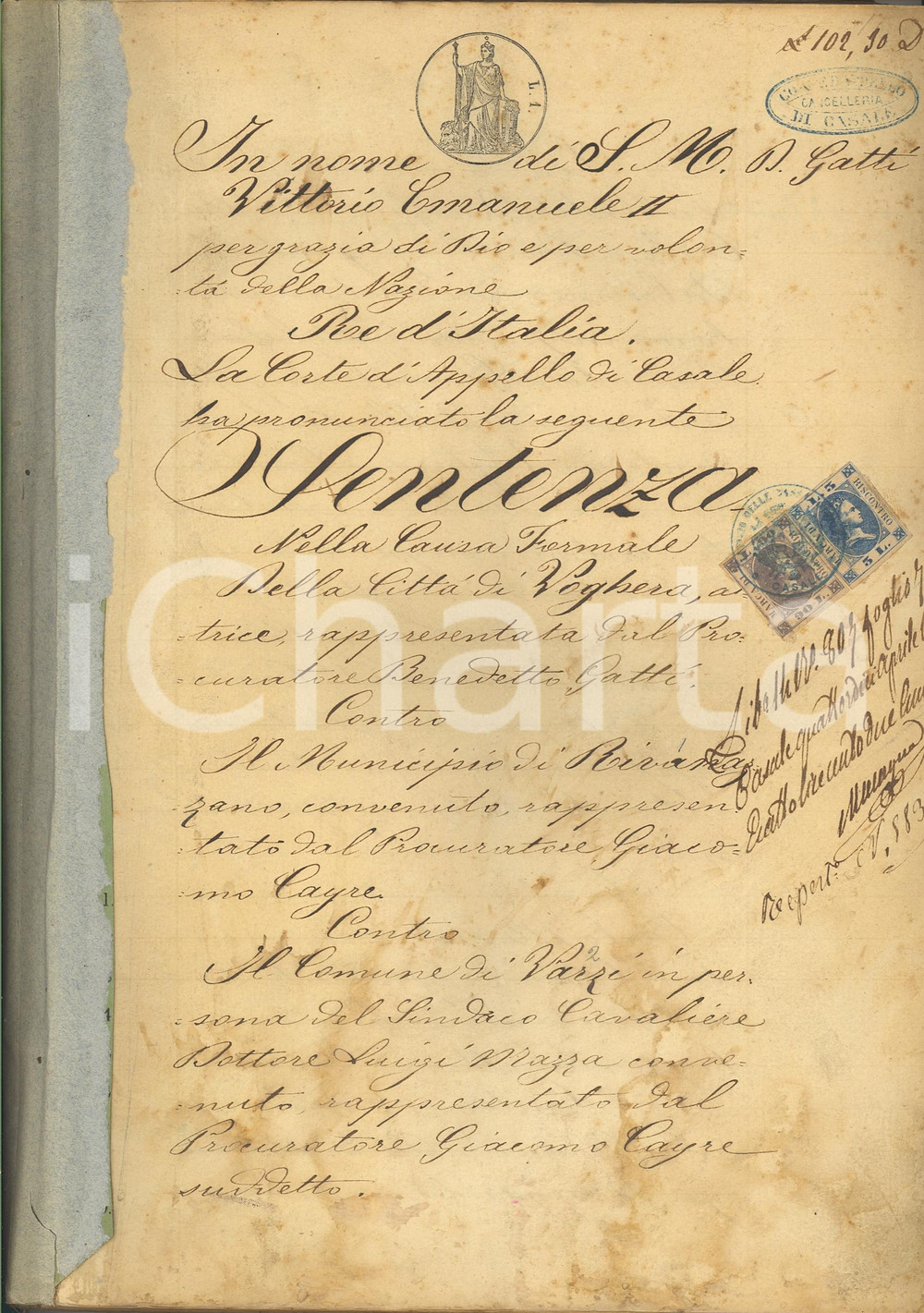 Documento originale, autentico 1868 VOGHERA (PV) Sentenza per acque STAFFORA 220 pagg. 1