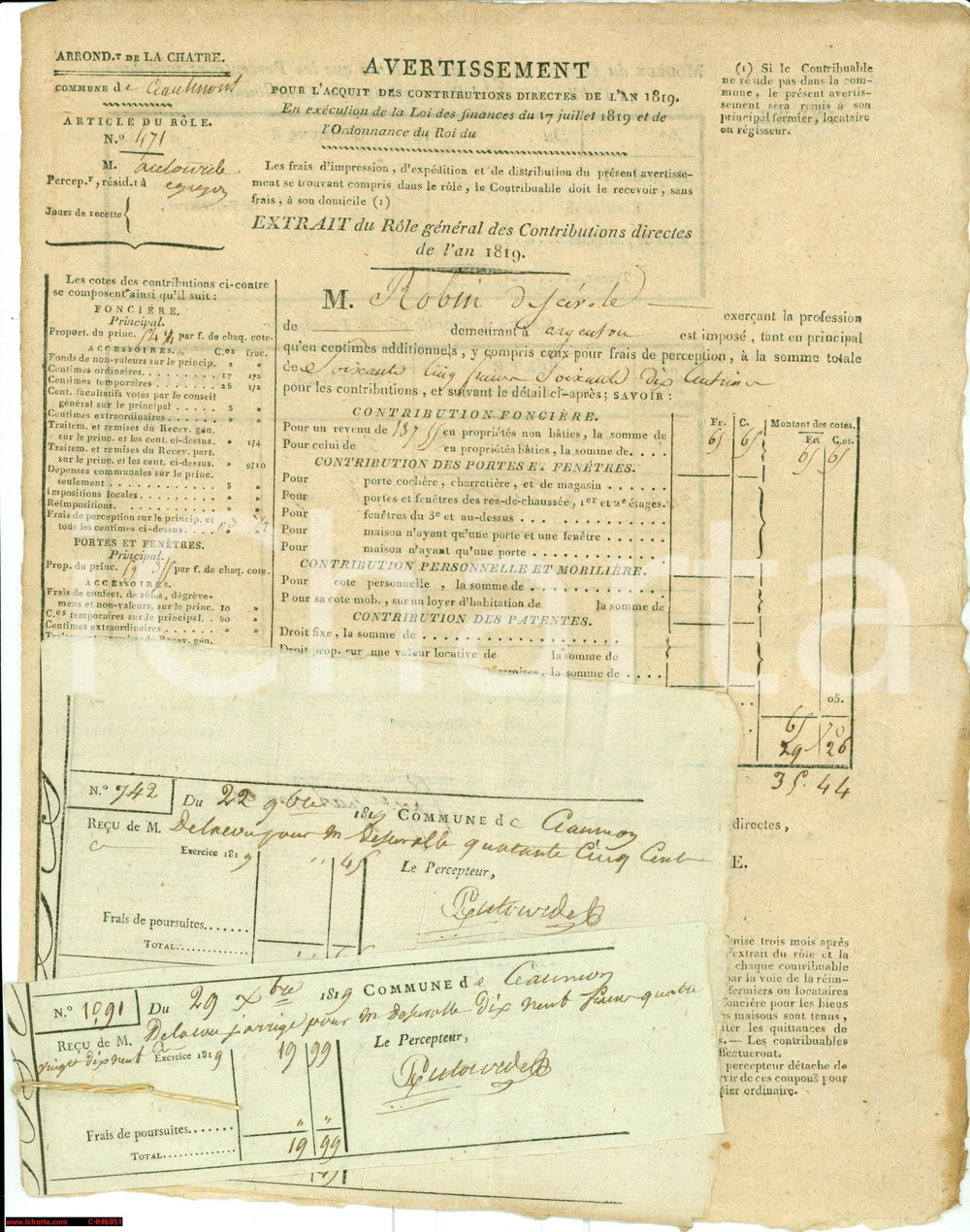 Documento originale, autentico 1819 ARGENTON F Contributi di Francois Robin DE SCEVOLE 1