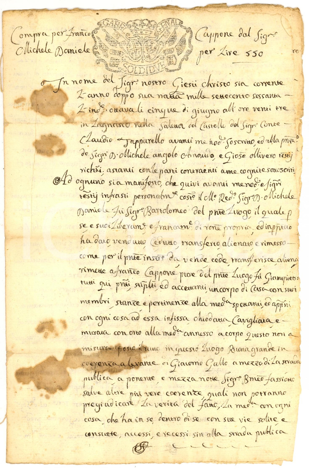 Documento originale, autentico 1760 LAGNASCO CN Francesco CAPPONE compra casa a RUATA 1