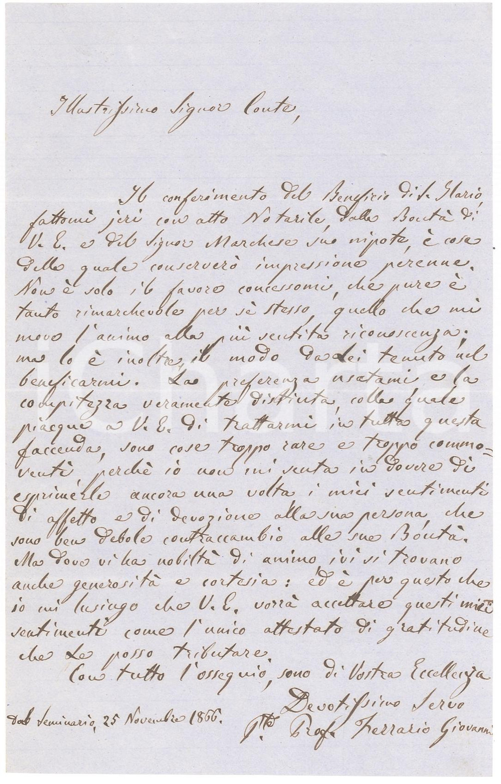 Manoscritto, lettera originale 1866 COMO Giovanni FERRARIO ringrazia per il beneficio di SANT ILARIO Lettera 1