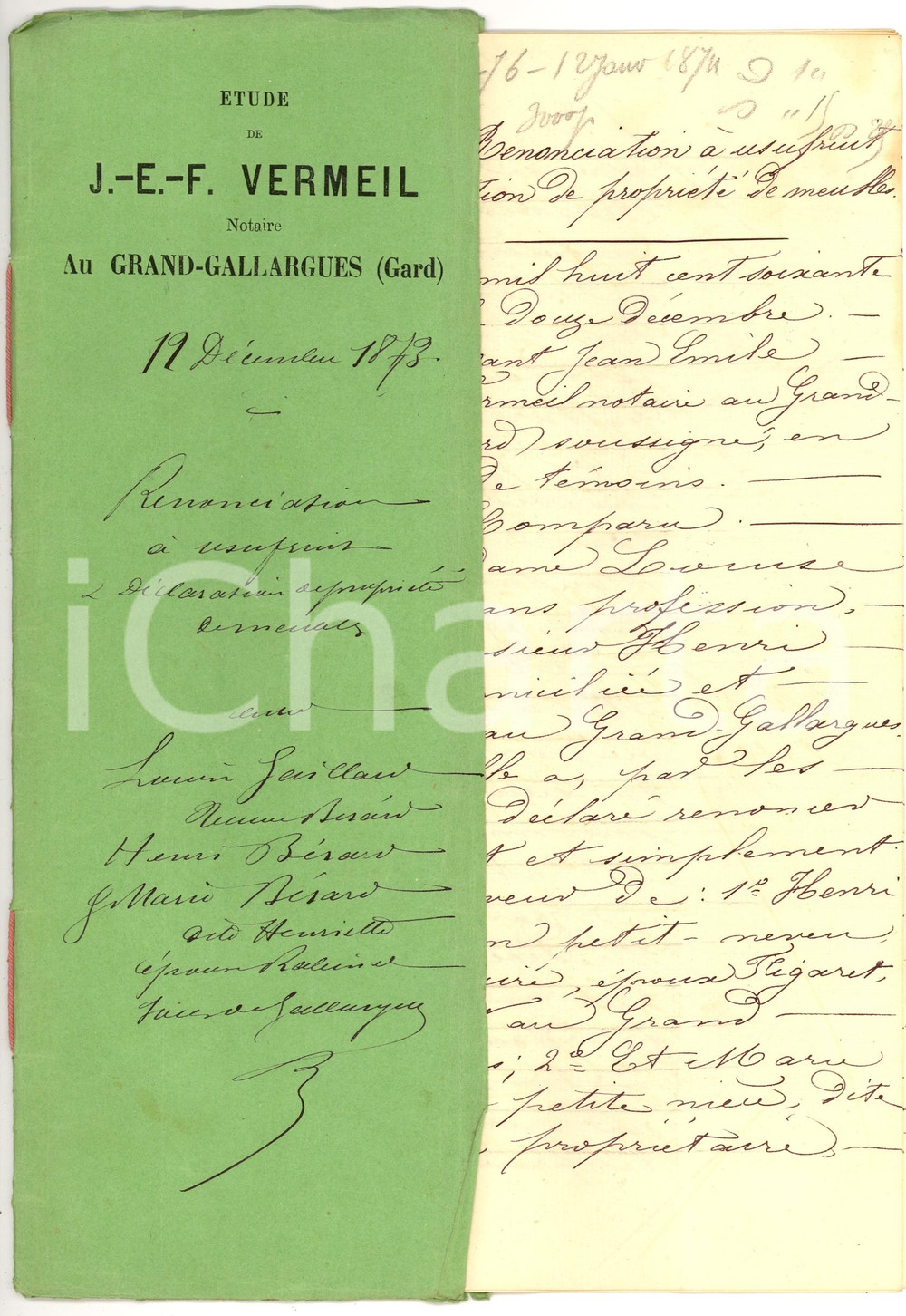 Documento originale, autentico 1873 GALLARGUES-LE-MONTUEUX Rinuncia Louise GAILLARD 1