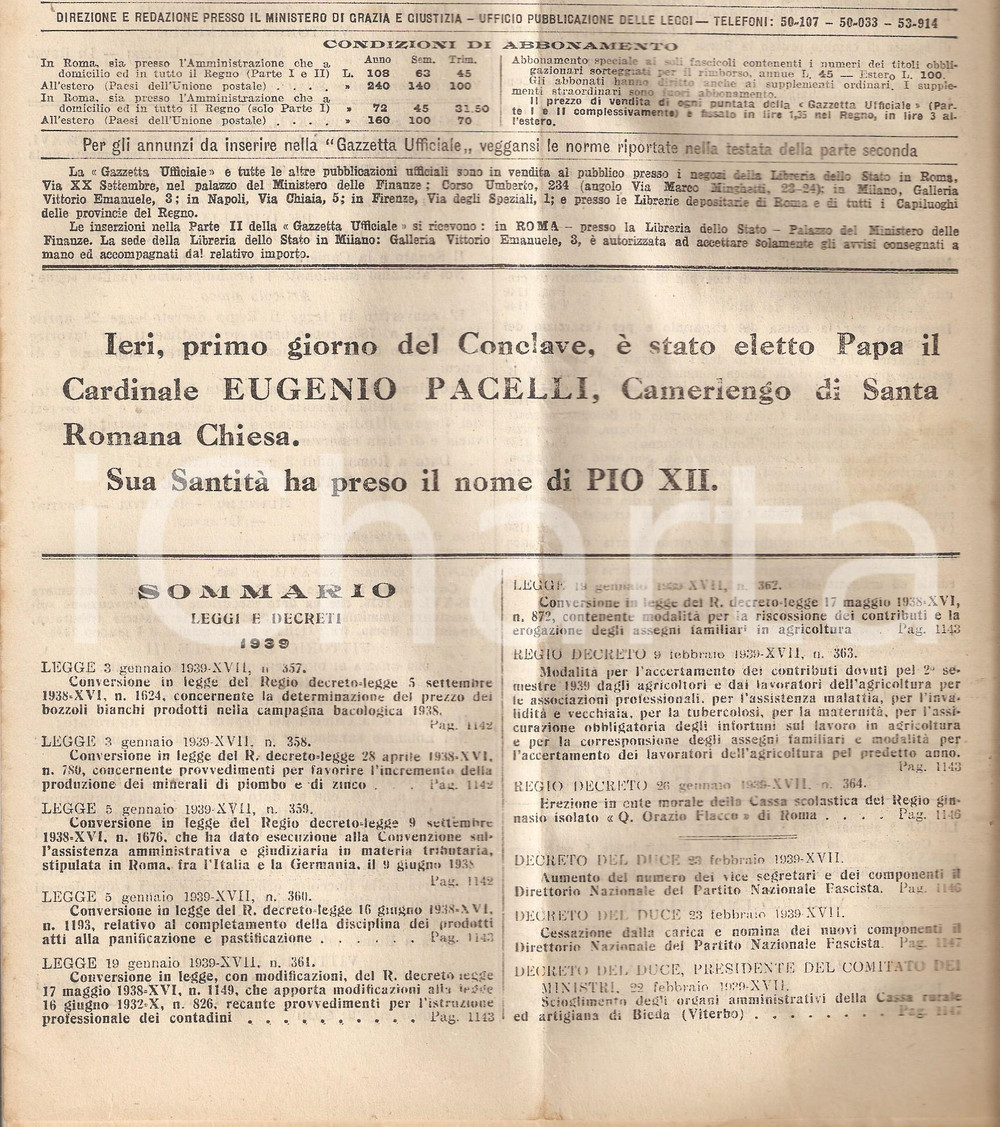 Documento originale, autentico 1939 REGNO D'ITALIA G.U. Elezione di Papa PIO XII 1