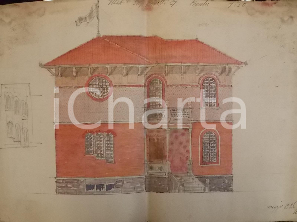Stampa, bozzetto originale 1926 CANTU  Prospetto per VILLA MARELLI facciata DISEGNATO A MANO Autografo 1