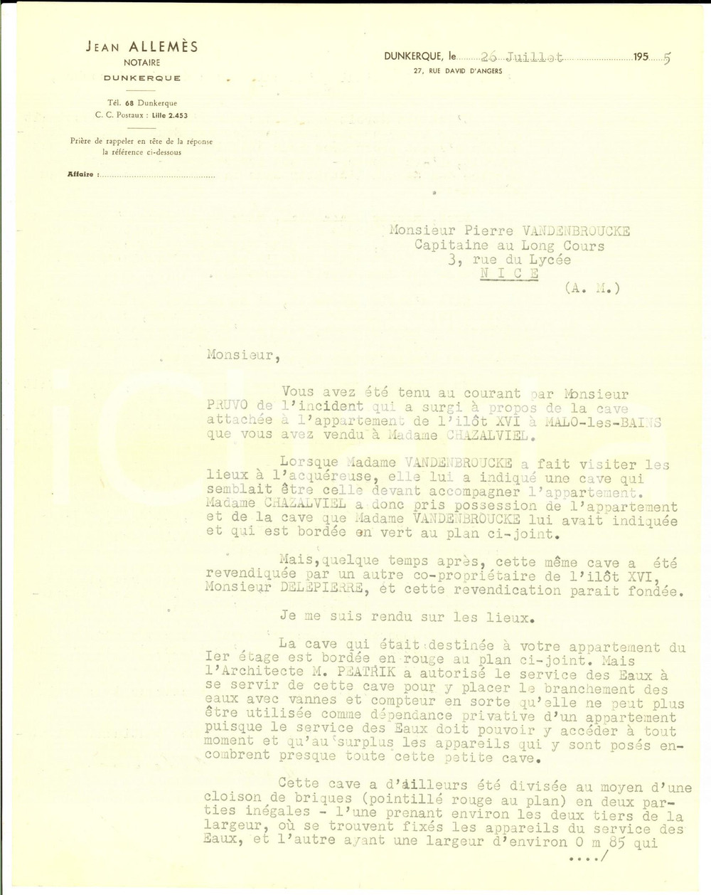 Documento originale, autentico 1955 MALO-LES-BAINS Notaio Jean ALLEMES su cantina contesa CHAZALVIEL-DELEPIERRE 1