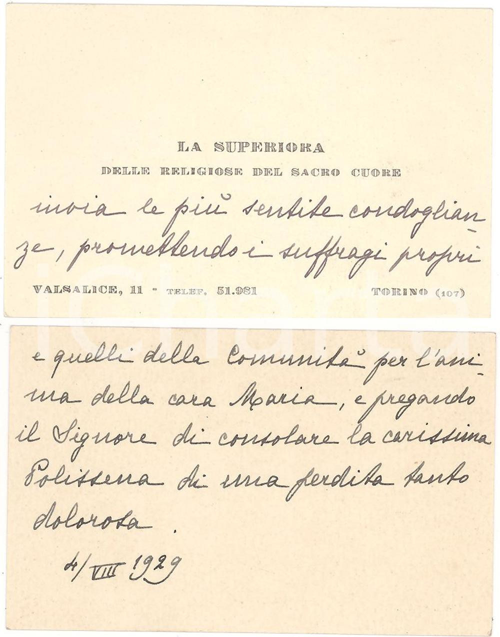 Oggetto da collezione cartaceo 1929 TORINO VALSALICE Biglietto autografo superiora SACRO CUORE 1