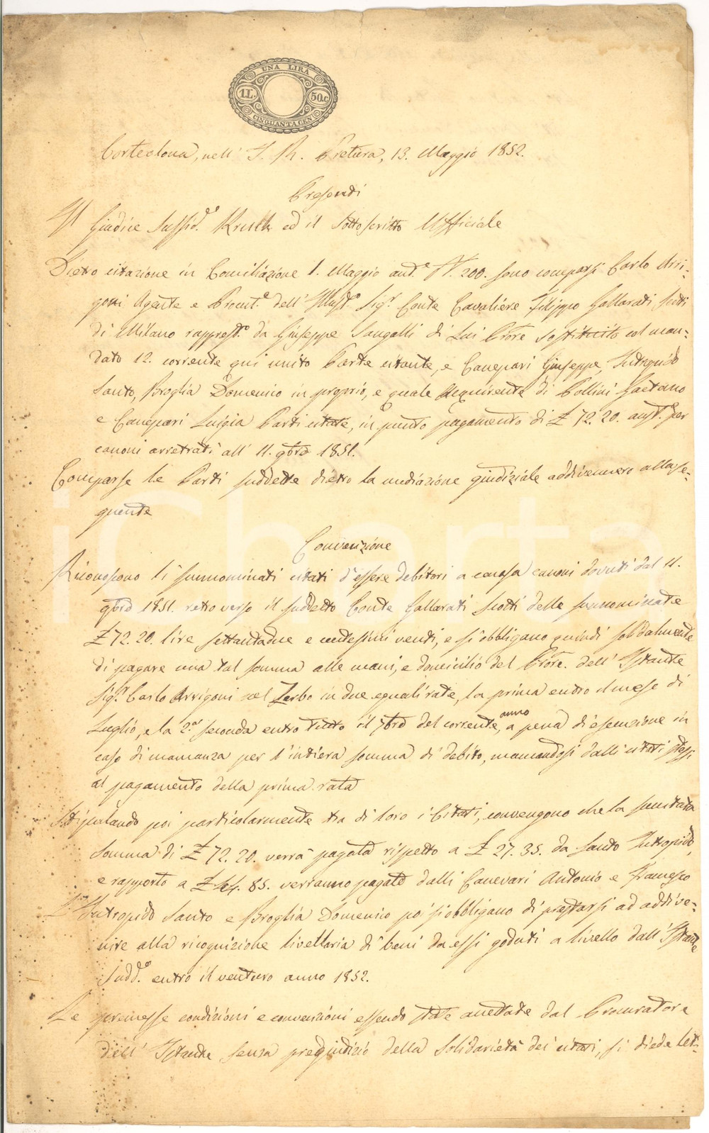 Documento originale, autentico 1853 CORTEOLONA (PV) Crediti conte GALLARATI SCOTTI verso Giuseppe CANEPARI 1