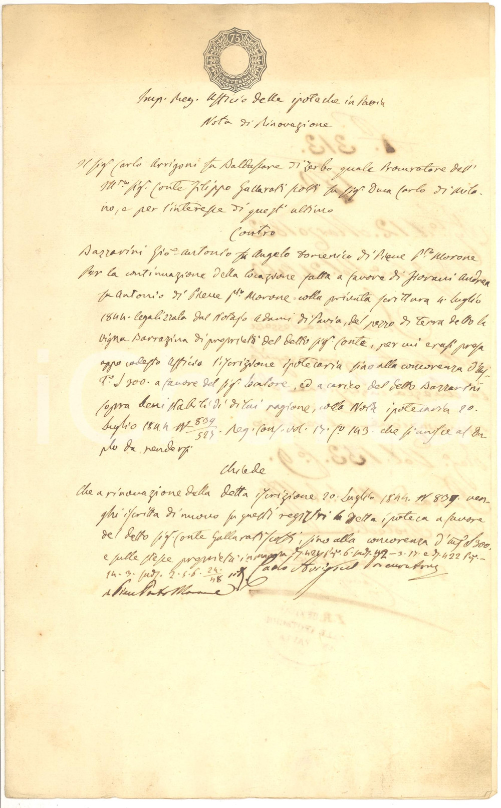 Documento originale, autentico 1853 PIEVE PORTO MORONE (PV) Rinnovo a Giovanni Antonio BAZZARINI affitto vigna 1